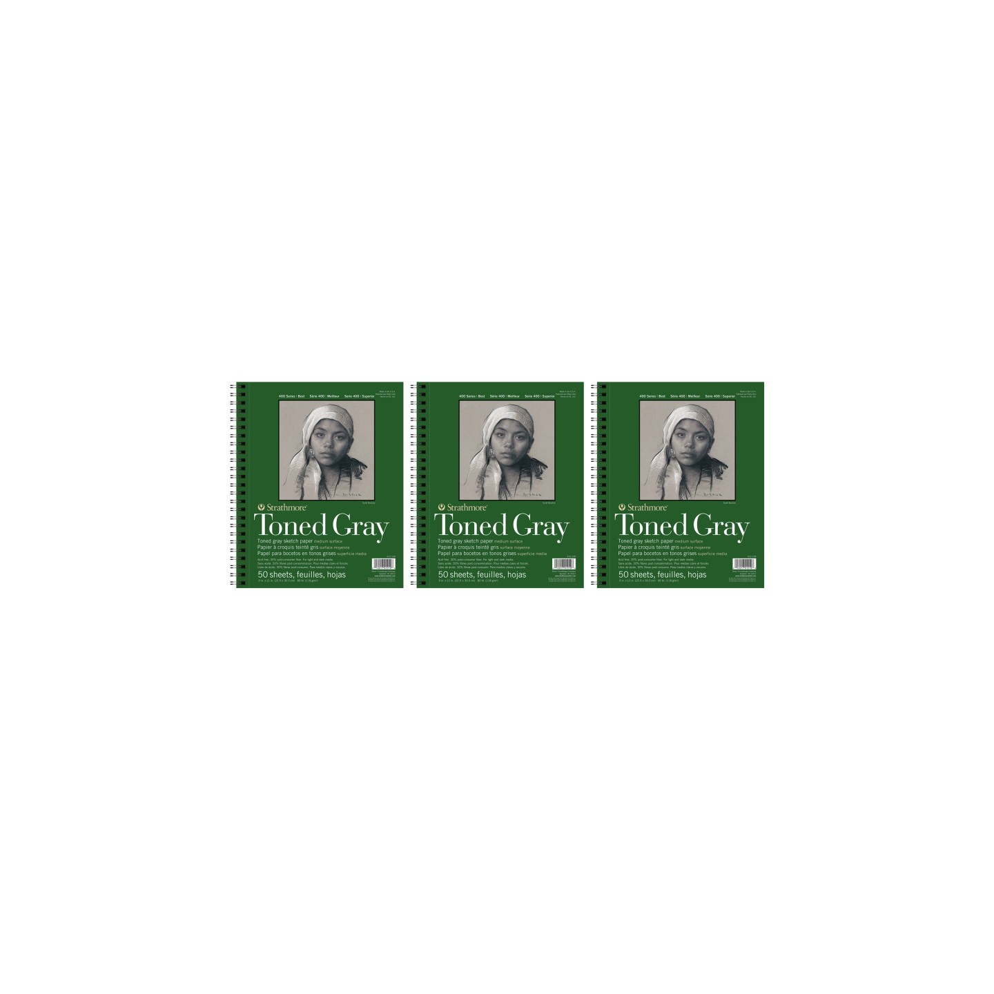 Strathmore 400 Series Sketch Pad, Recycled, Toned Gray, Side Wire Binding, 50 Sheet, 9x12 inch, Pack of 3