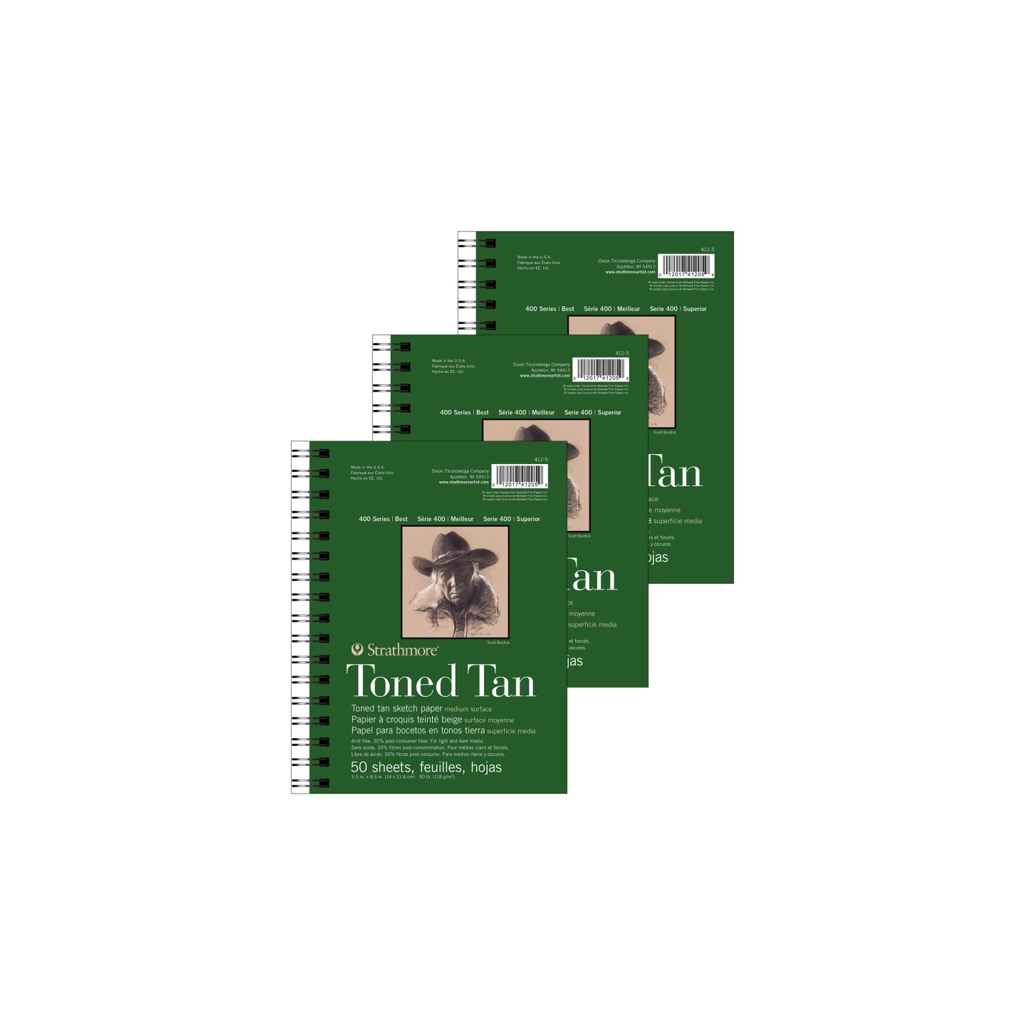 Strathmore 400 Series Sketch Pad, Recycled, Toned Tan, Side Wire Binding, 50 Sheet, 5.5x8.5 inch, Pack of 3