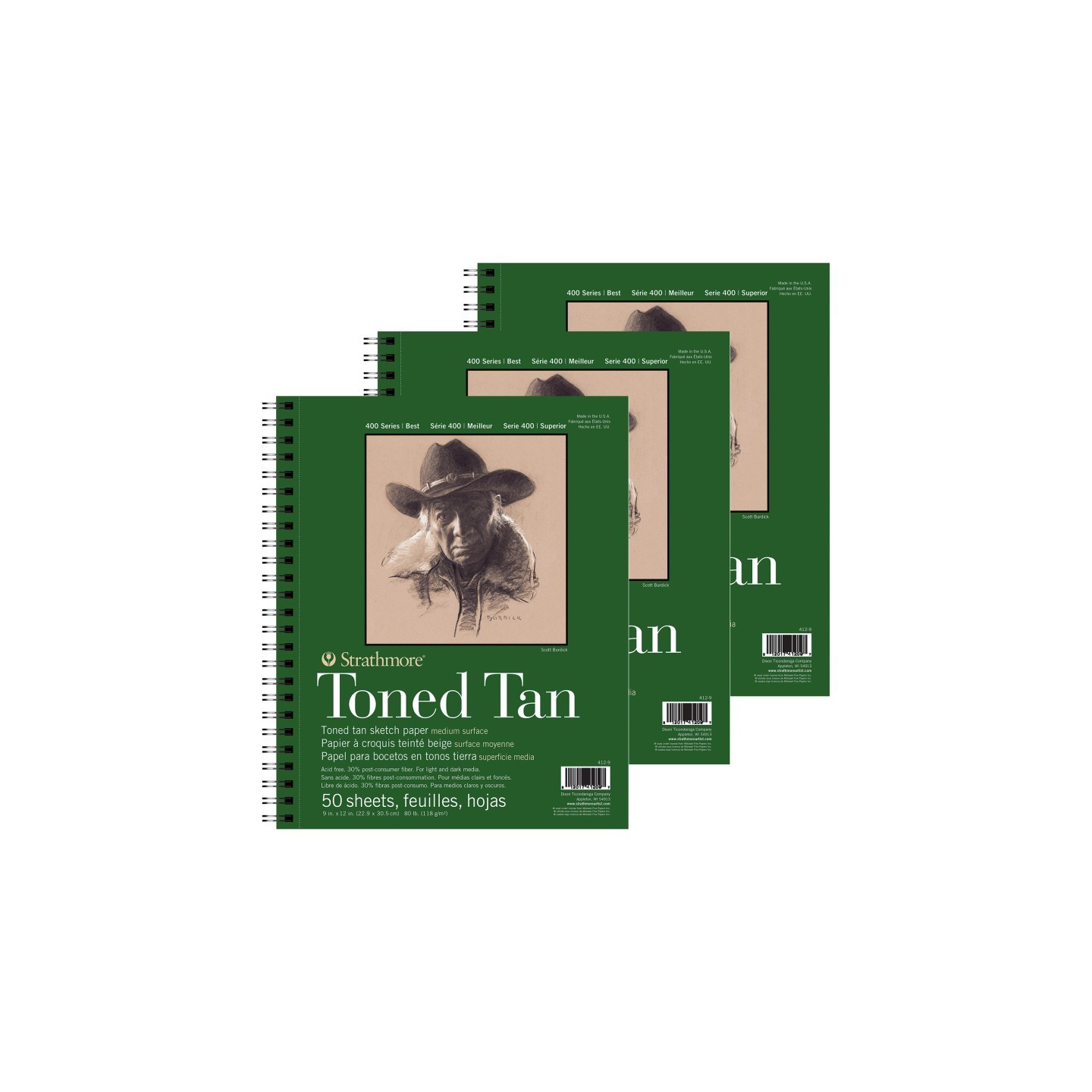 Strathmore 400 Series Sketch Pad, Recycled, Toned Tan, Side Wire Binding, 50 Sheet, 9x12 inch, Pack of 3