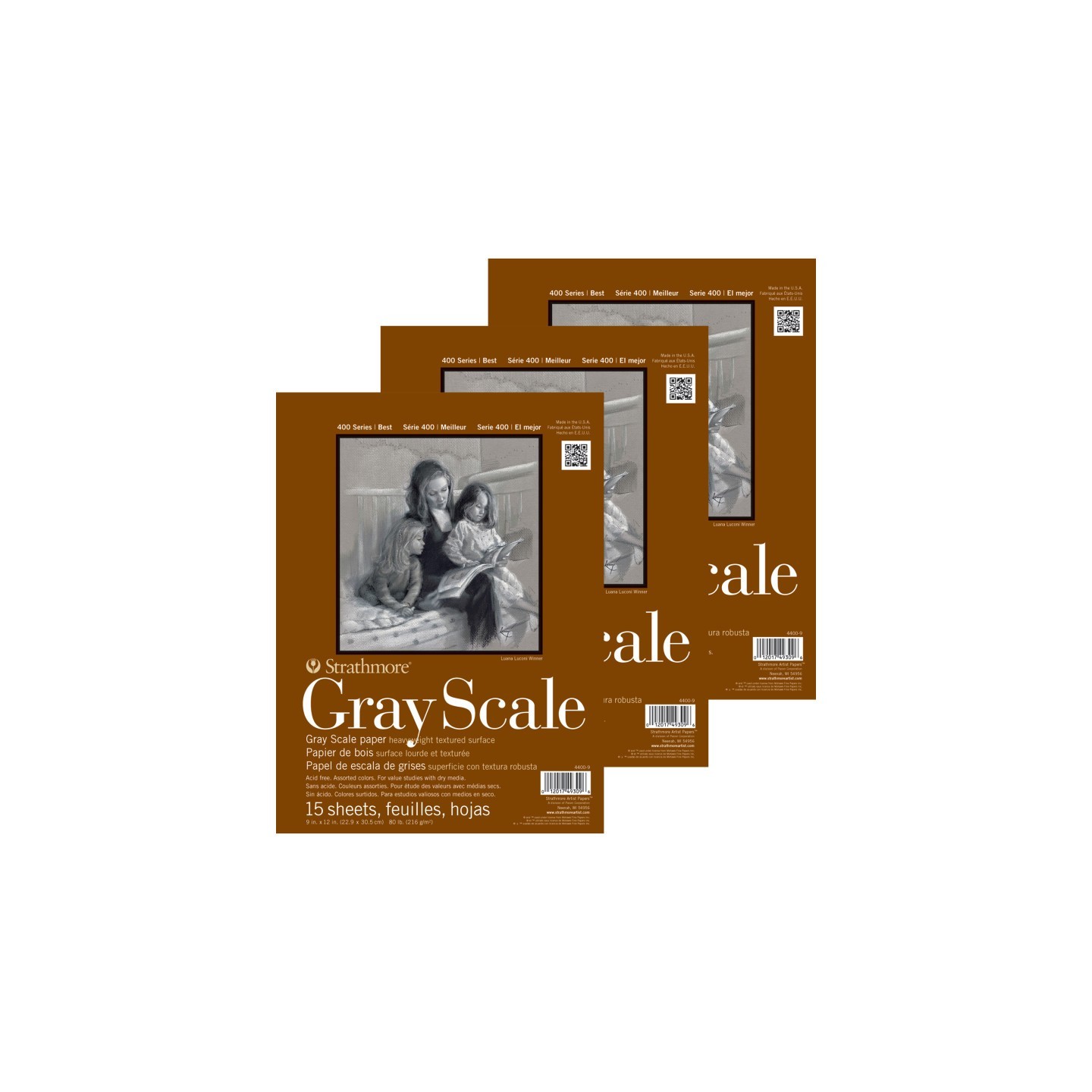 Strathmore 400 Series Grayscale Paper Pad, Glue Binding, 15 Sheet, 9x12 inch, Pack of 3