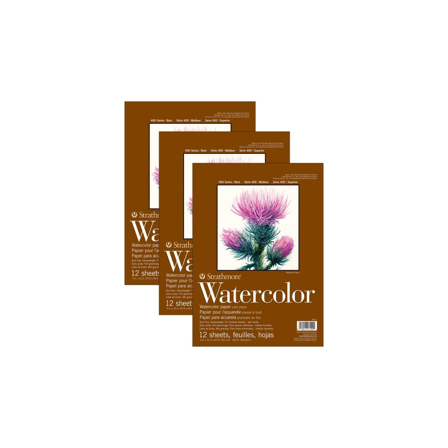 Strathmore 400 Series Watercolor Pad, Top Wire Binding, 12 Sheet, 9x12 inch, Pack of 3
