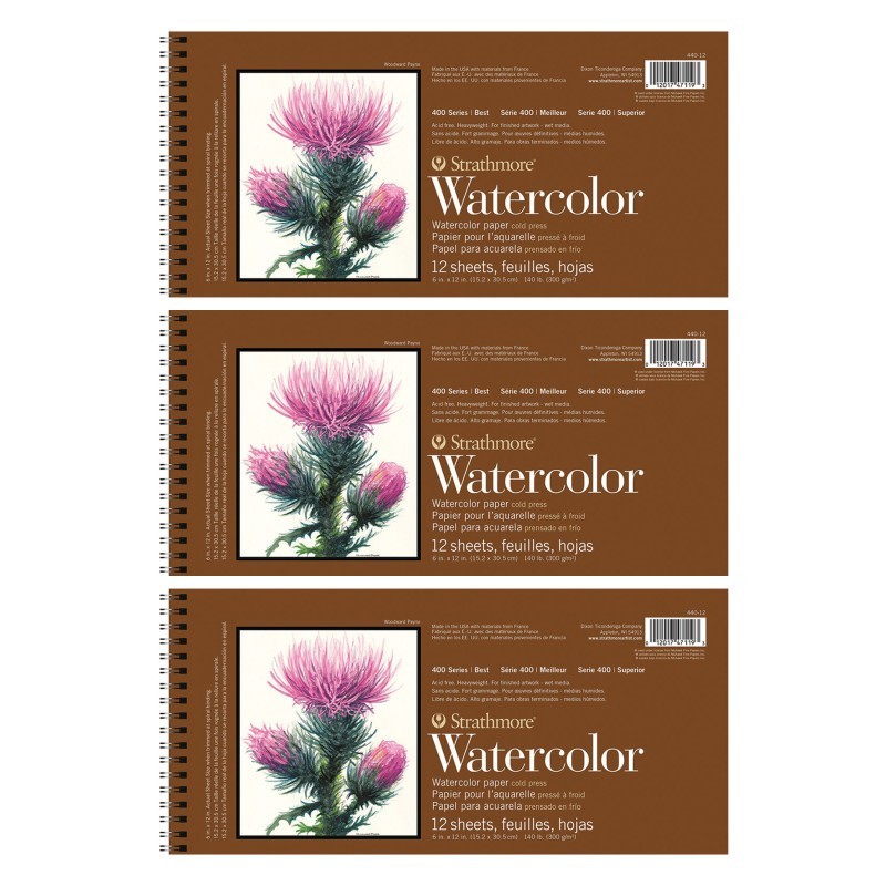 Strathmore 400 Series Watercolor Paper Pad, Cold Pressed, Tape Binding, 12 Sheet, 6x12 inch, Pack of 3
