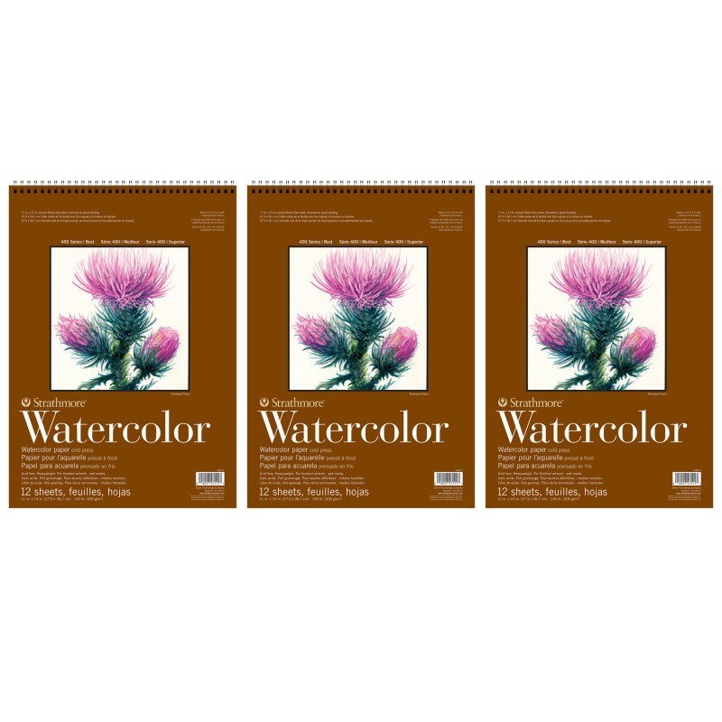 Strathmore 400 Series Watercolor Pad, Top Wire Binding, 12 Sheet, 11x15 inch, Pack of 3