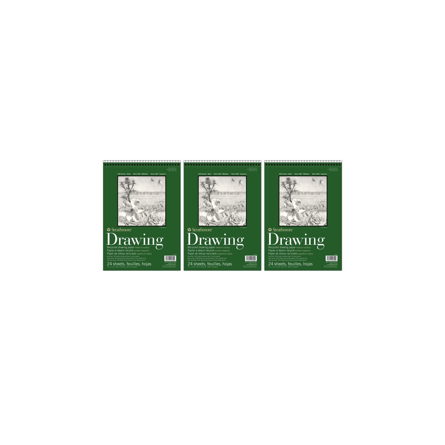 Strathmore 400 Series Drawing Pad, Recycled, Top Wire Binding, 24 Sheet, 9x12 inch, Pack of 3