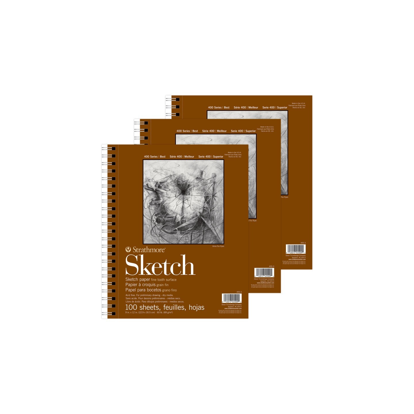 Strathmore 400 Series Sketch Pad, Side Wire Binding, 100 Sheet, 9x12 inch, Pack of 3