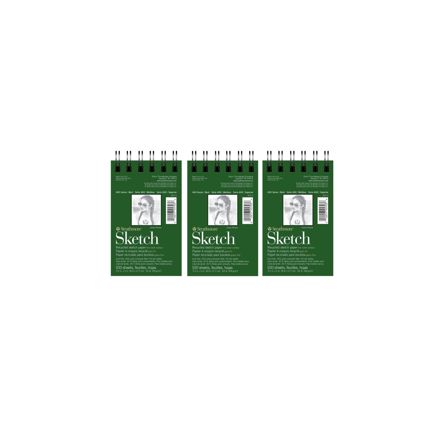Strathmore 400 Series Sketch Pad, Recycled, Side Wire Binding, 100 Sheet, 3.5x5 inch, Pack of 3