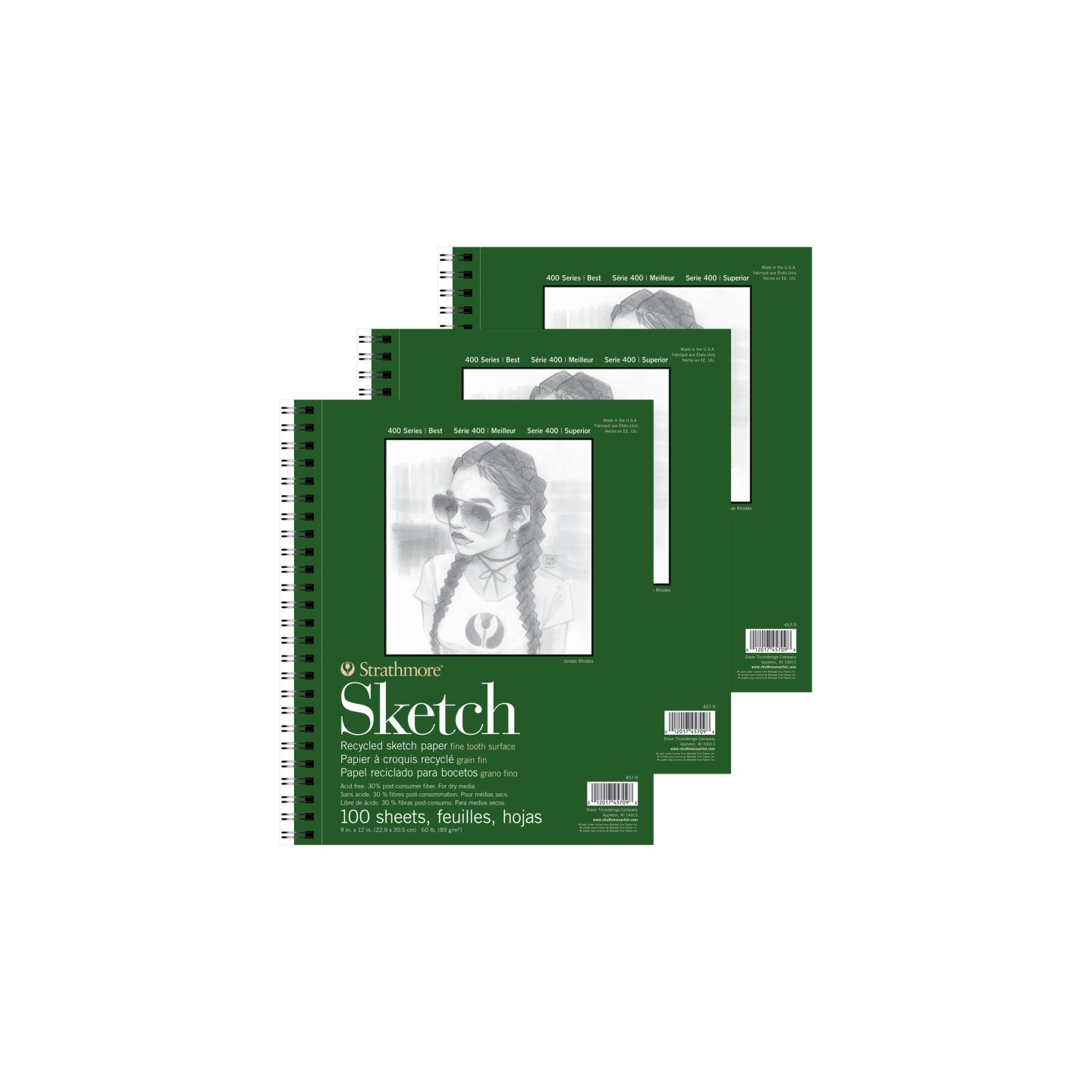 Strathmore 400 Series Sketch Pad, Recycled, Side Wire Binding, 100 Sheet, 9x12 inch, Pack of 3