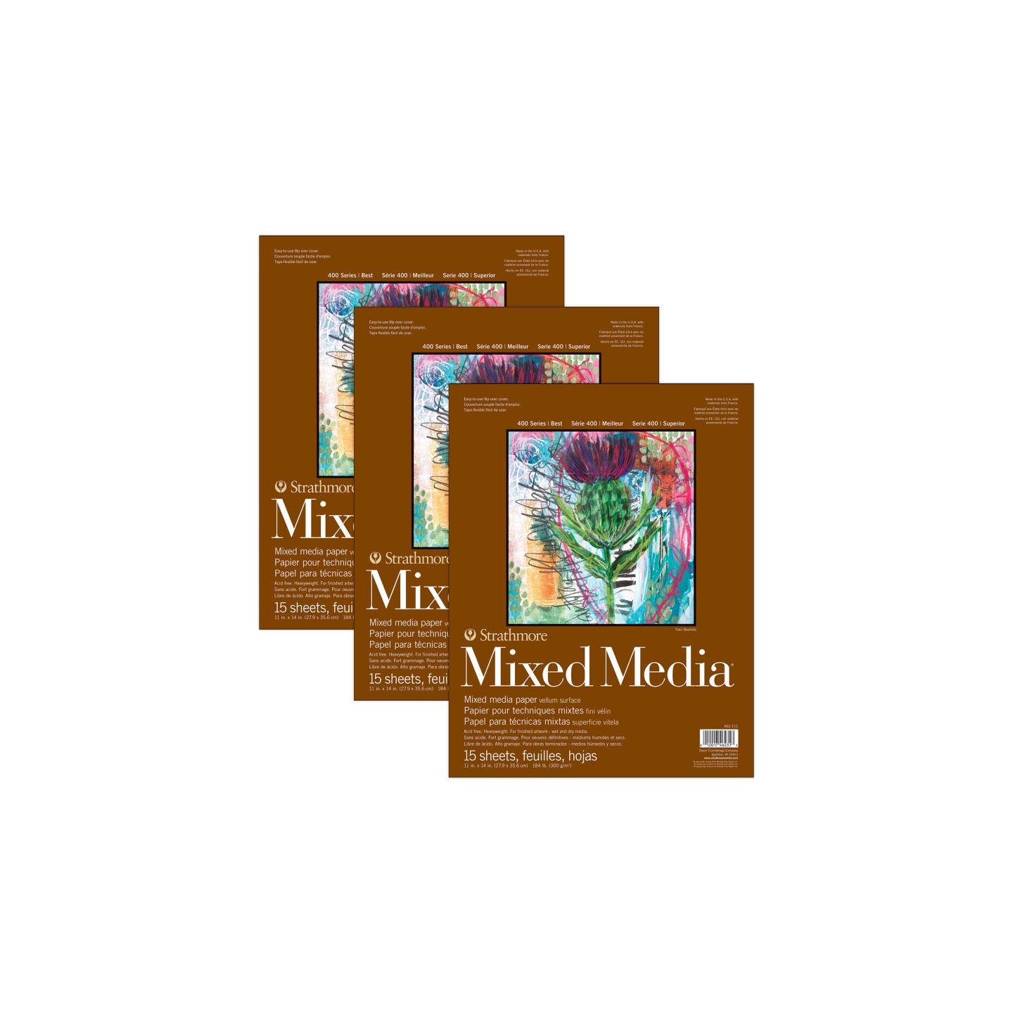 Strathmore 400 Series Mixed Media Pad, Glue Binding, 15 Sheet, 11x14 inch, Pack of 3