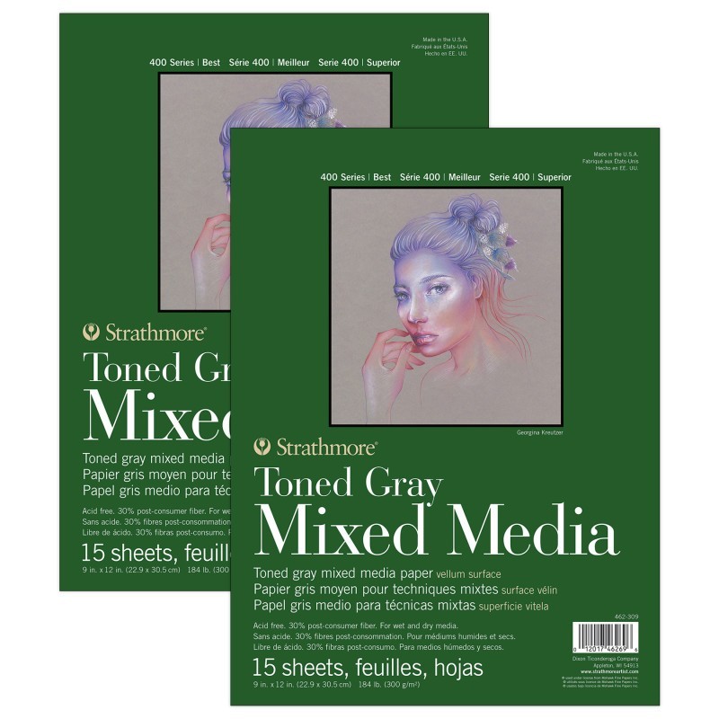 Strathmore 400 Series Mixed Media Pad, Toned Gray, Glue Binding, 9x12 inch, 15 Sheet, Pack of 2