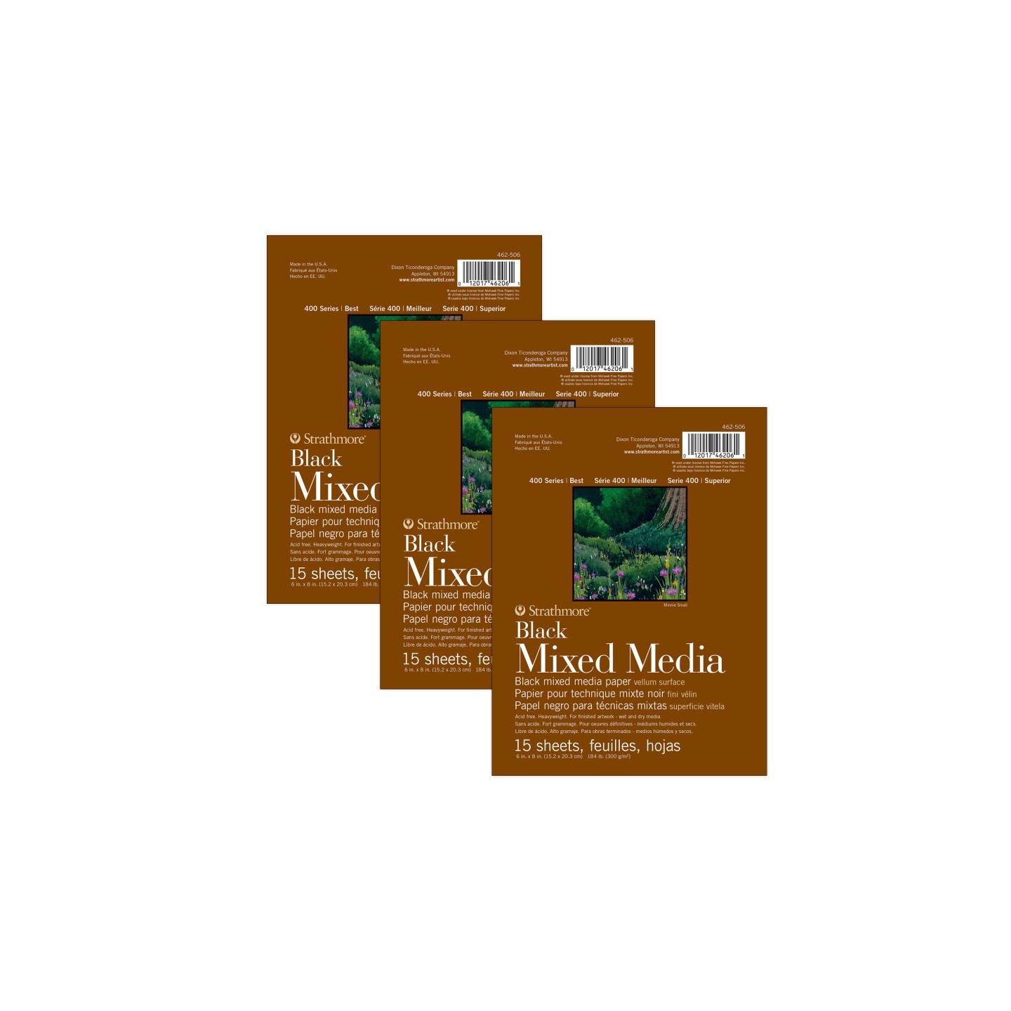Strathmore 400 Series Mixed Media Pad, Black, Glue Binding, 15 Sheet, 6x8 inch, Pack of 3