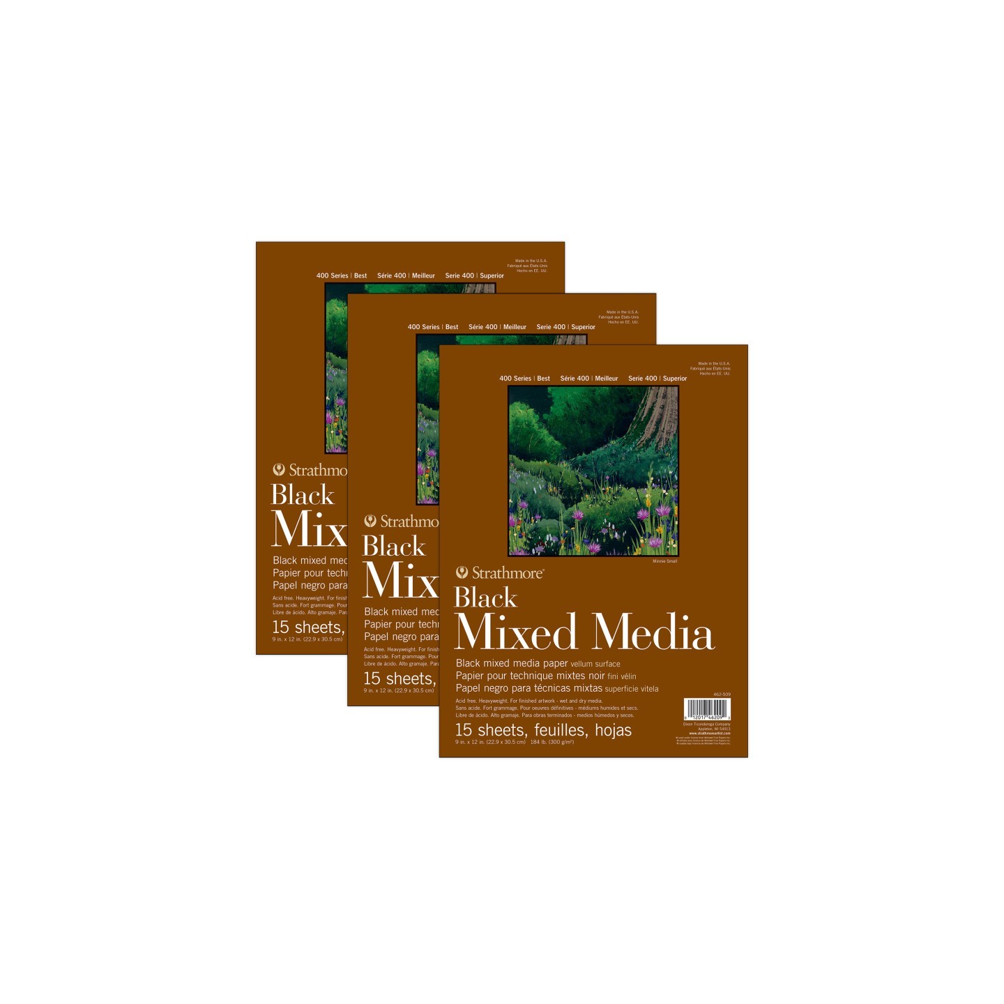 Strathmore 400 Series Mixed Media Pad, Black, Glue Binding, 15 Sheet, 9x12 inch, Pack of 3