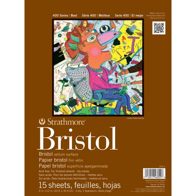 Strathmore 400 Series Bristol Paper Pad, Vellum Finish, 2-Ply, Tape Binding, 15 Sheet, 9x12 inch, 1 Count