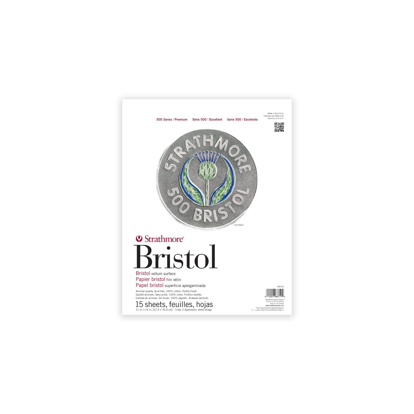 Strathmore 500 Series Bristol Paper Pad, 2-Ply, Vellum Finish, 15 Sheet, 11x14 inch, 1 Count