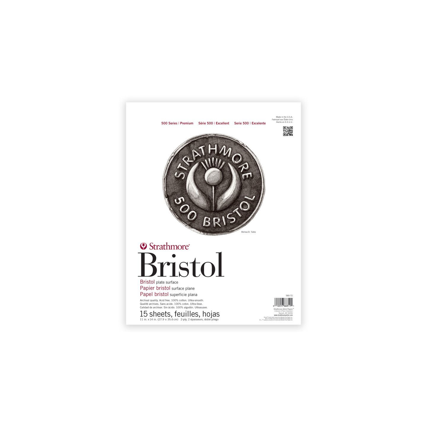 Strathmore 500 Series Bristol Paper Pad, 2-Ply, Plate Finish, Tape Binding, 15 Sheet, 11x14 inch, 1 Count