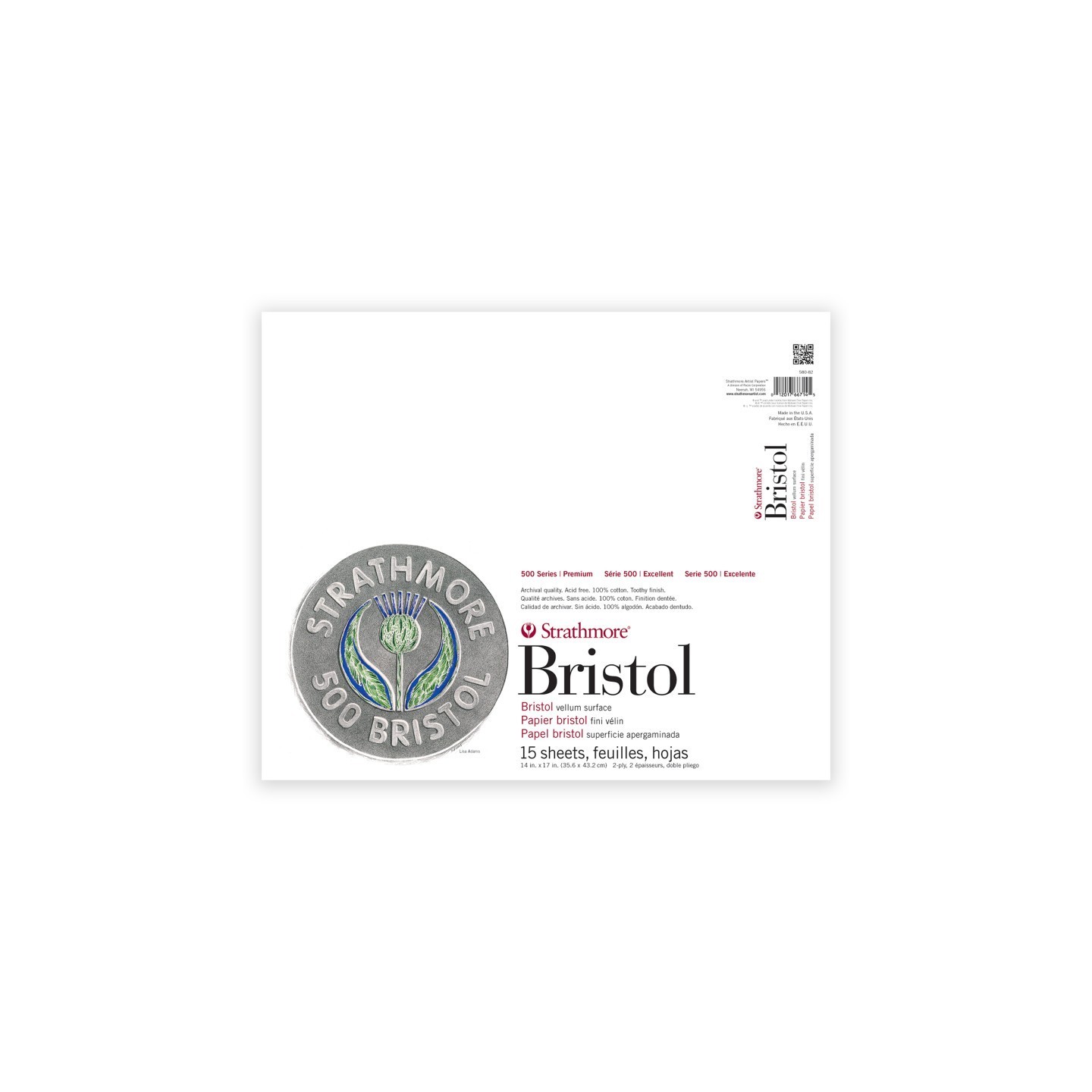 Strathmore 500 Series Bristol Paper Pad, 2-Ply, Vellum Finish, 15 Sheet, 14x17 inch, 1 Count