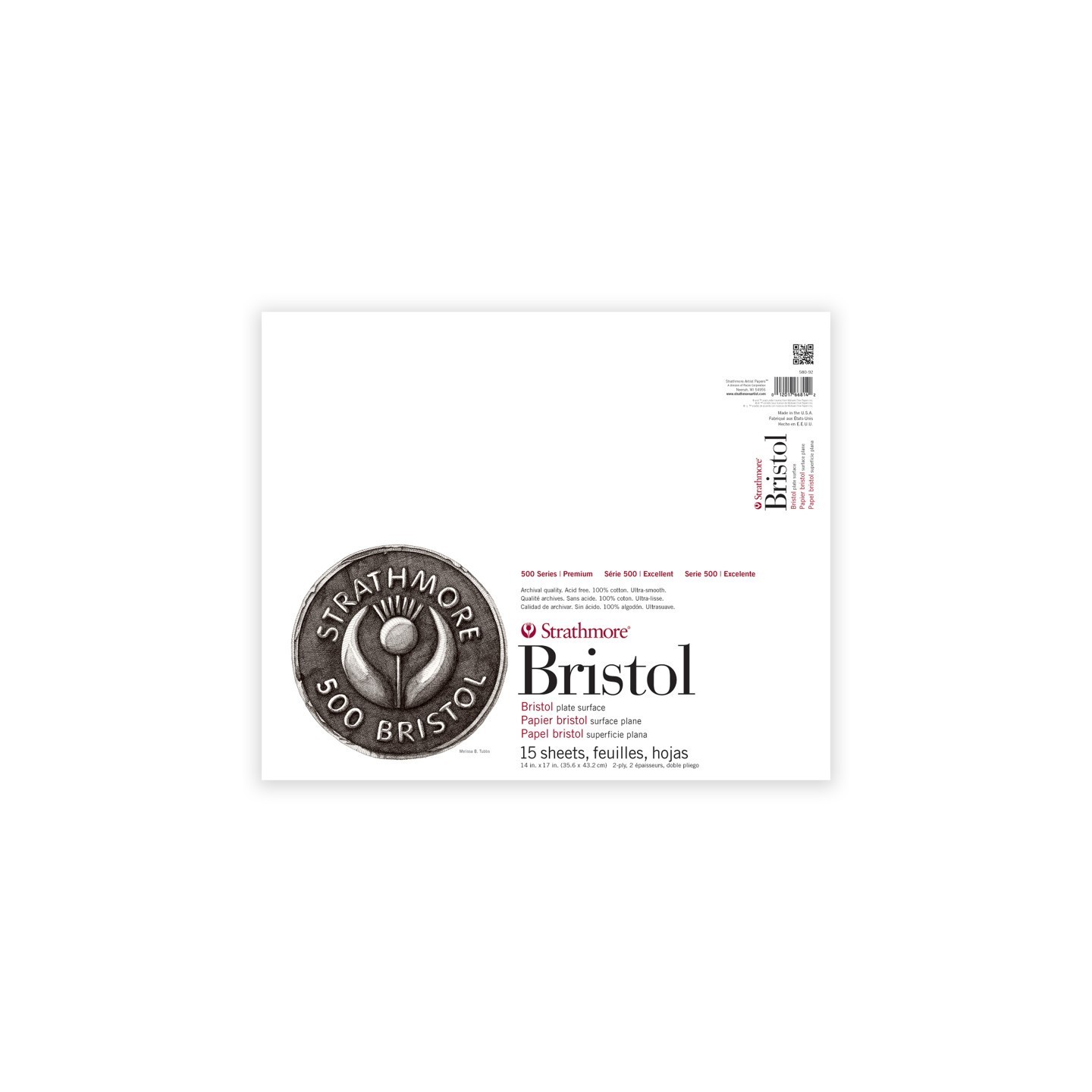 Strathmore 500 Series Bristol Paper Pad, 2-Ply, Plate Finish, 15 Sheet, 14x17 inch, 1 Count