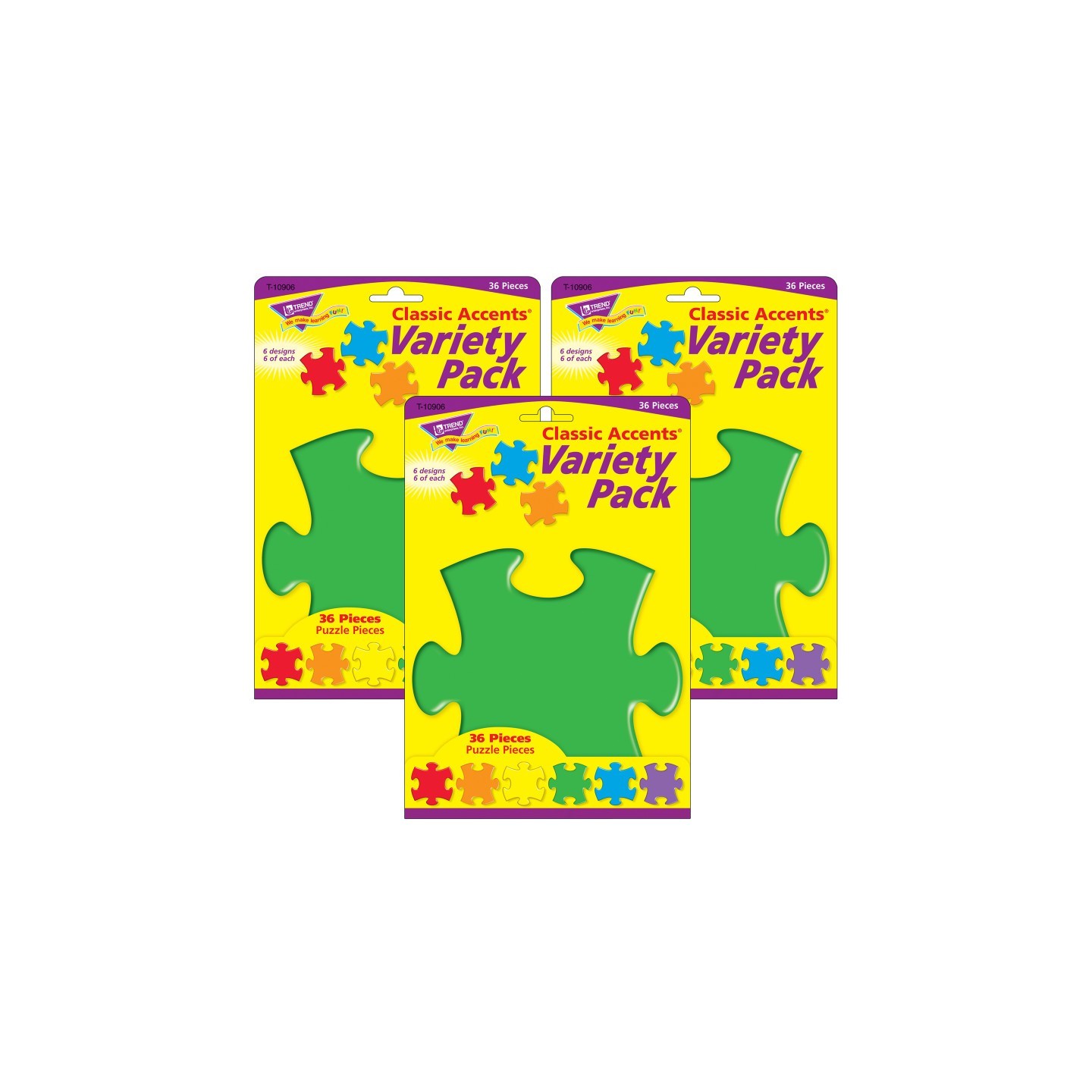TREND Puzzle Pieces Classic Accents® Variety Pack, 36 Per Pack, 3 Packs