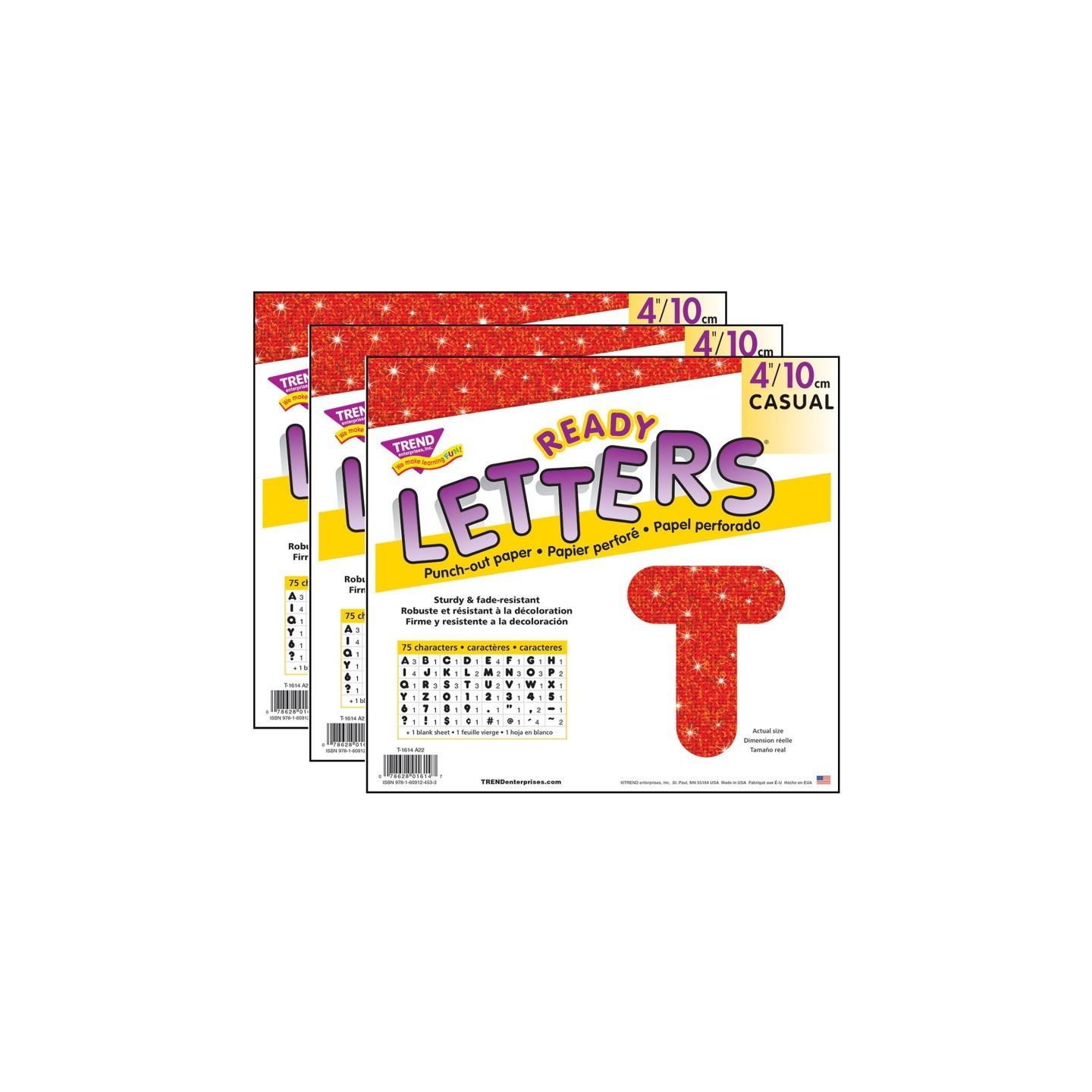 TREND Red Sparkle 4" Casual Uppercase Ready Letters®, 3 Packs