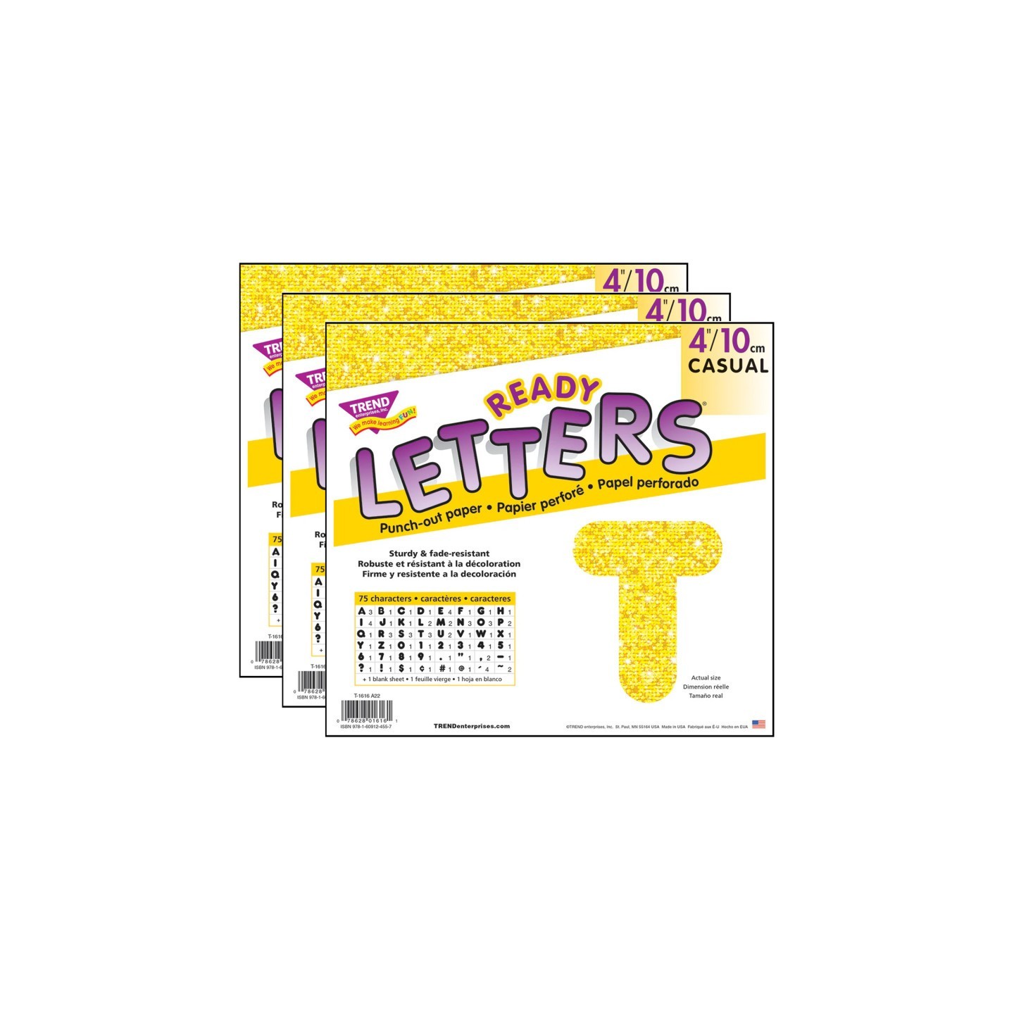 TREND Yellow Sparkle 4" Casual Uppercase Ready Letters®, 71 Per Pack, 3 Packs