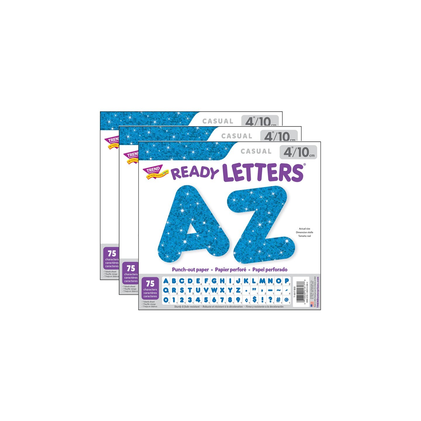 TREND Blue Sparkle 4" Casual Uppercase Ready Letters®, 71 Per Pack, 3 Packs