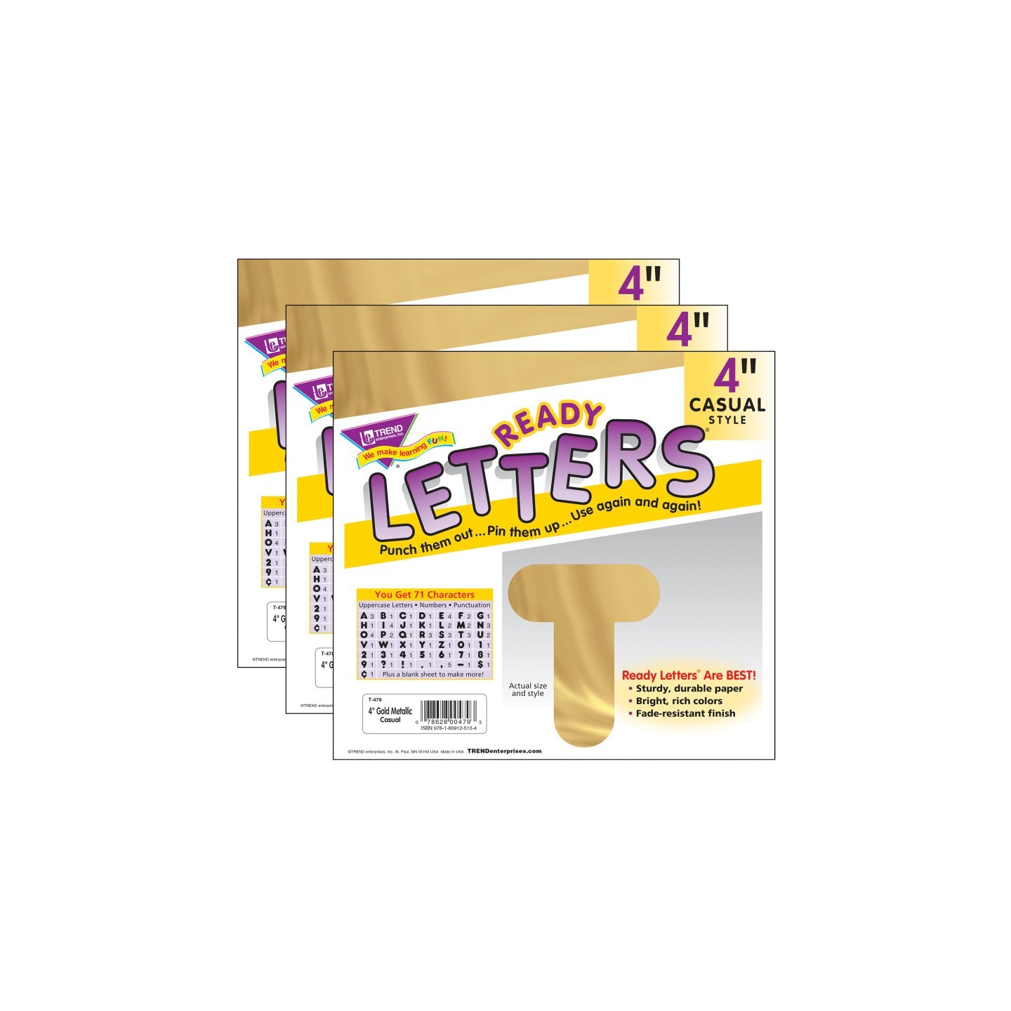 TREND Gold Metallic 4" Casual Uppercase Ready Letters®, 71 Per Pack, 3 Packs