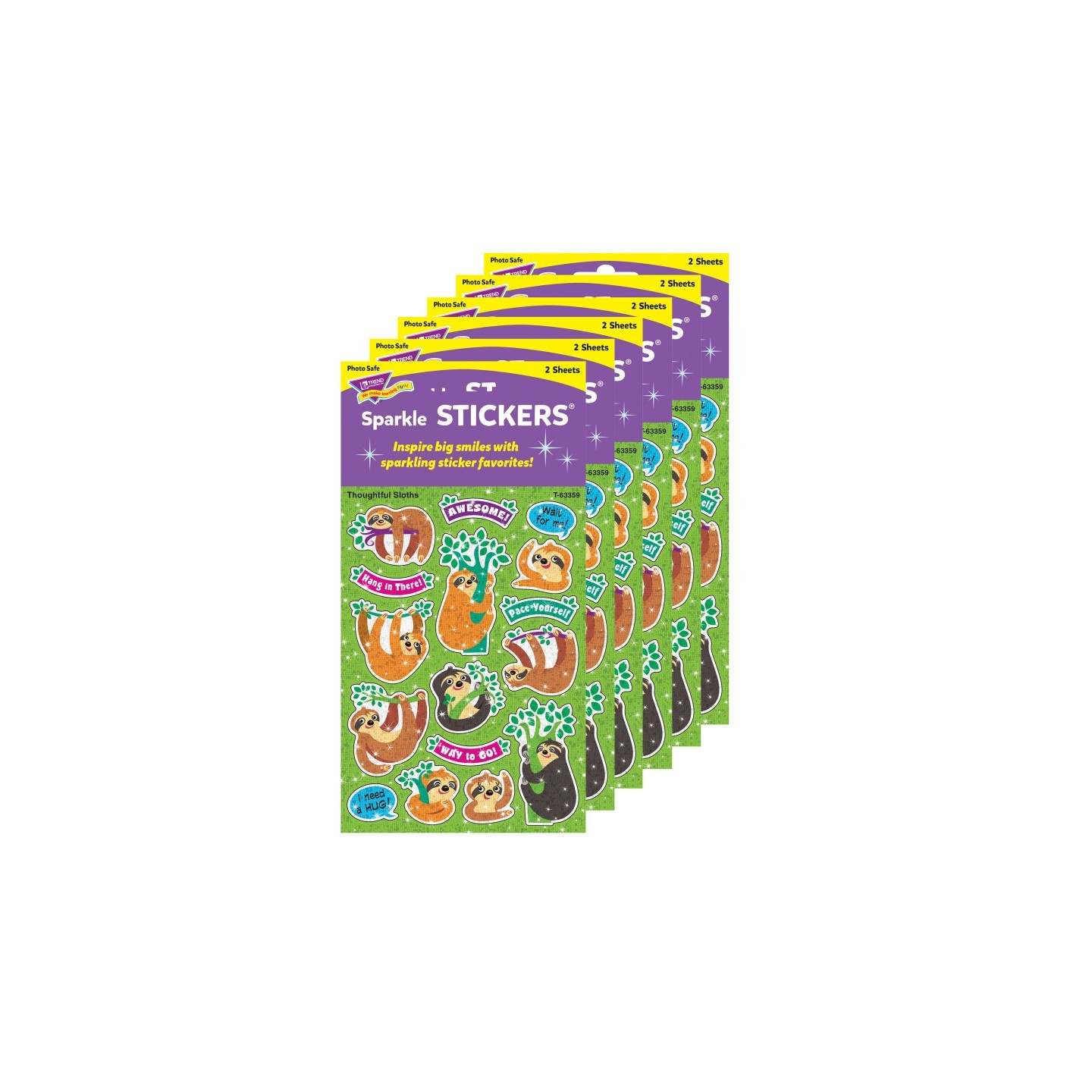 TREND Thoughtful Sloths Sparkle Stickers®, 32 Per Pack, 6 Packs