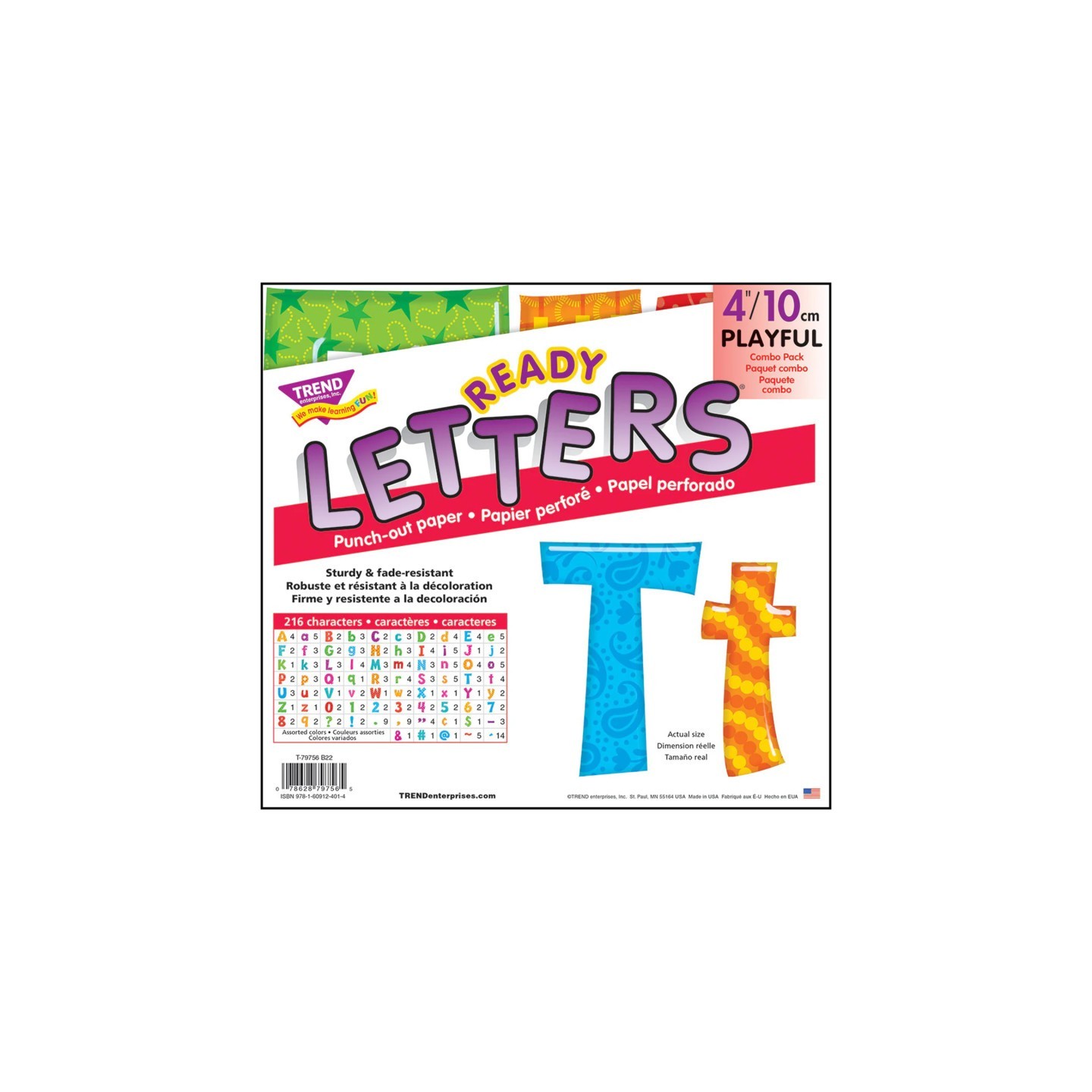 TREND Colorful Patterns 4-Inch Playful Uppercase/Lowercase Combo Pack (EN/SP) Ready Letters®