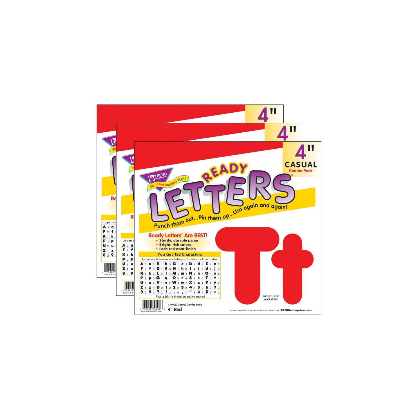 TREND Red 4-Inch Casual Uppercase/Lowercase Combo Pack Ready Letters®, 182 Per Pack, 3 Packs