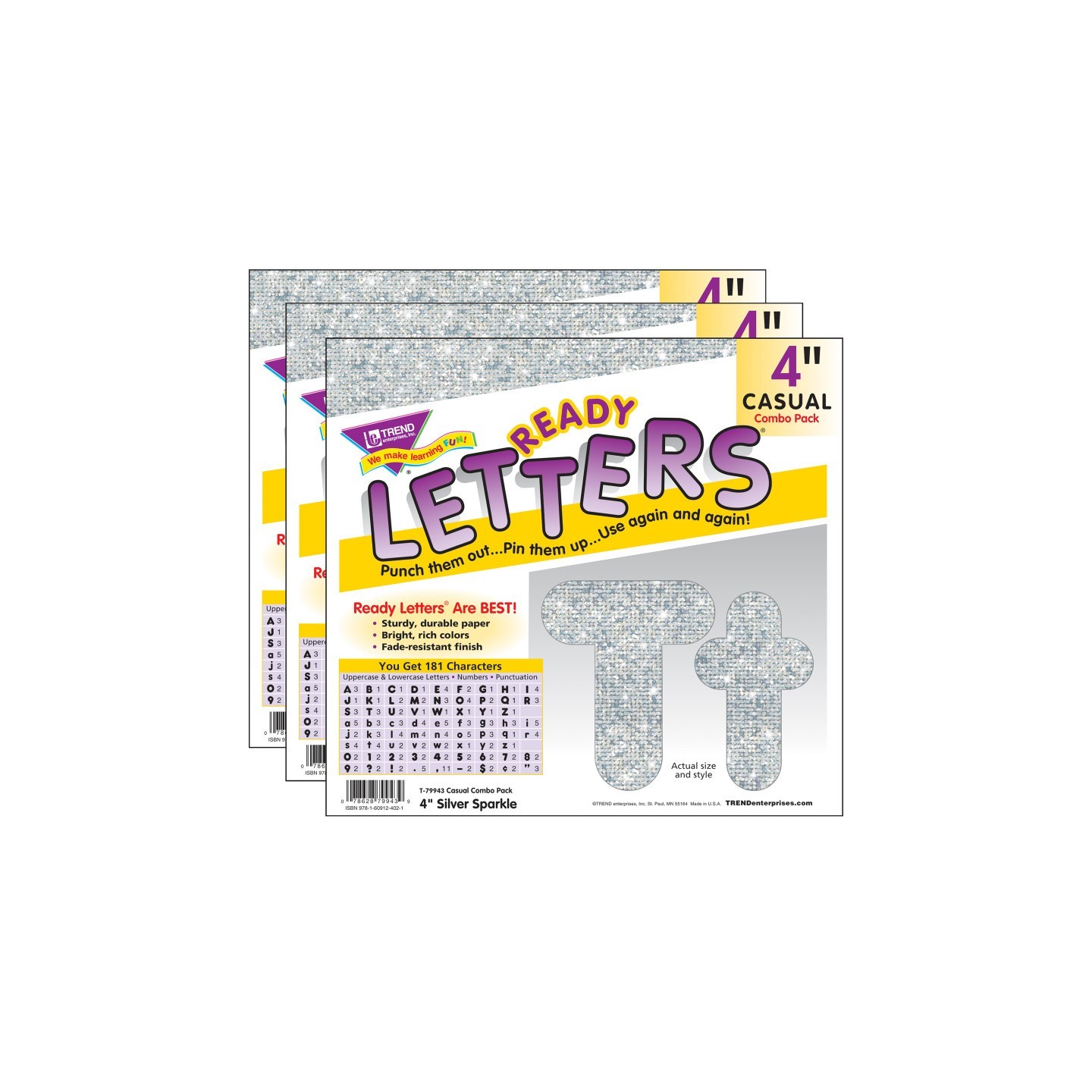 TREND Silver Sparkle 4" Casual Combo Ready Letters®, 3 Packs