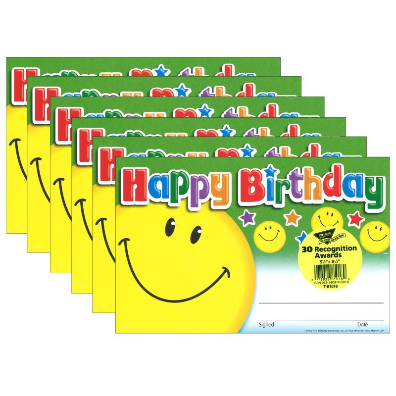 TREND Happy Birthday Smile Recognition Awards, 30 Per Pack, 6 Packs