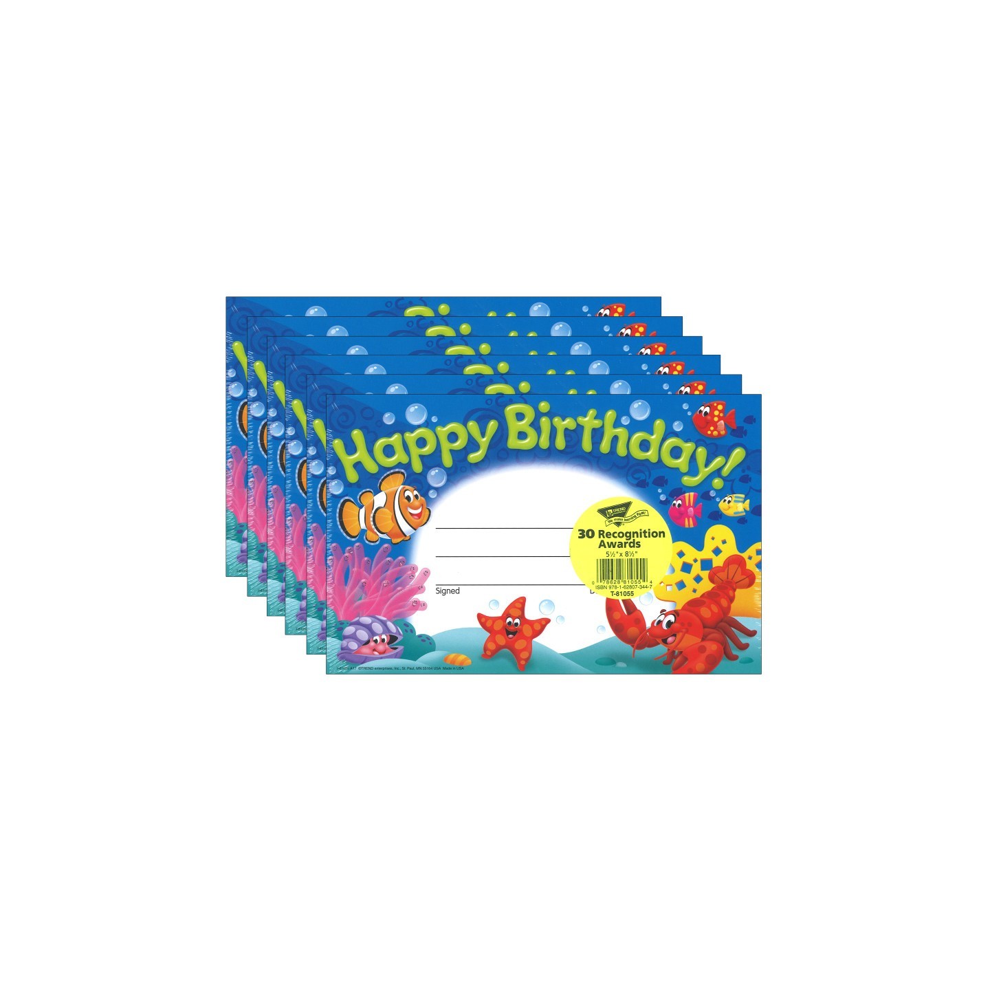 TREND Happy Birthday! Sea Buddies™ Recognition Awards, 30 Per Pack, 6 Packs