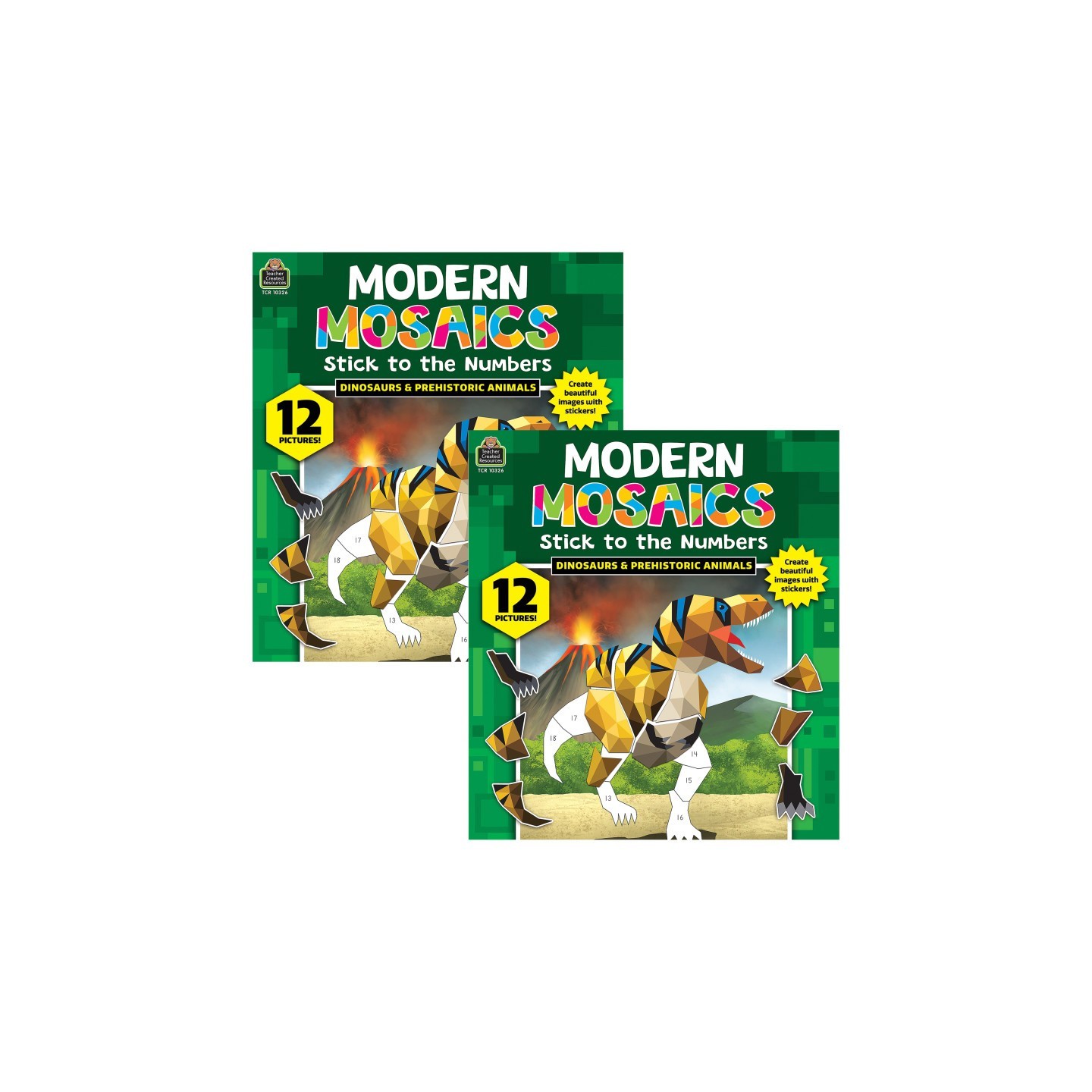 Teacher Created Resources® Dinosaurs Modern Mosaics Stick to the Numbers Activity Book, Pack of 2