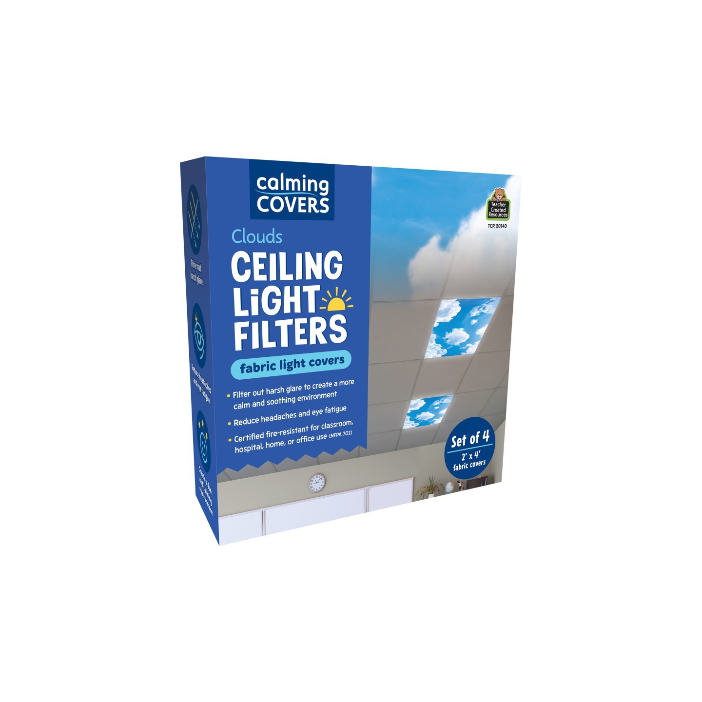 Teacher Created Resources® Calming Covers Ceiling Light Filters, 2' x 4', Clouds, Pack of 4