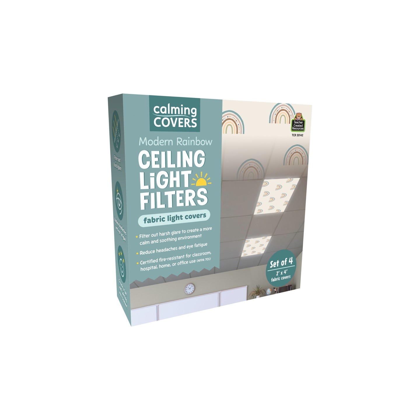 Teacher Created Resources® Calming Covers Ceiling Light Filters, 2' x 4', Modern Rainbow, Pack of 4