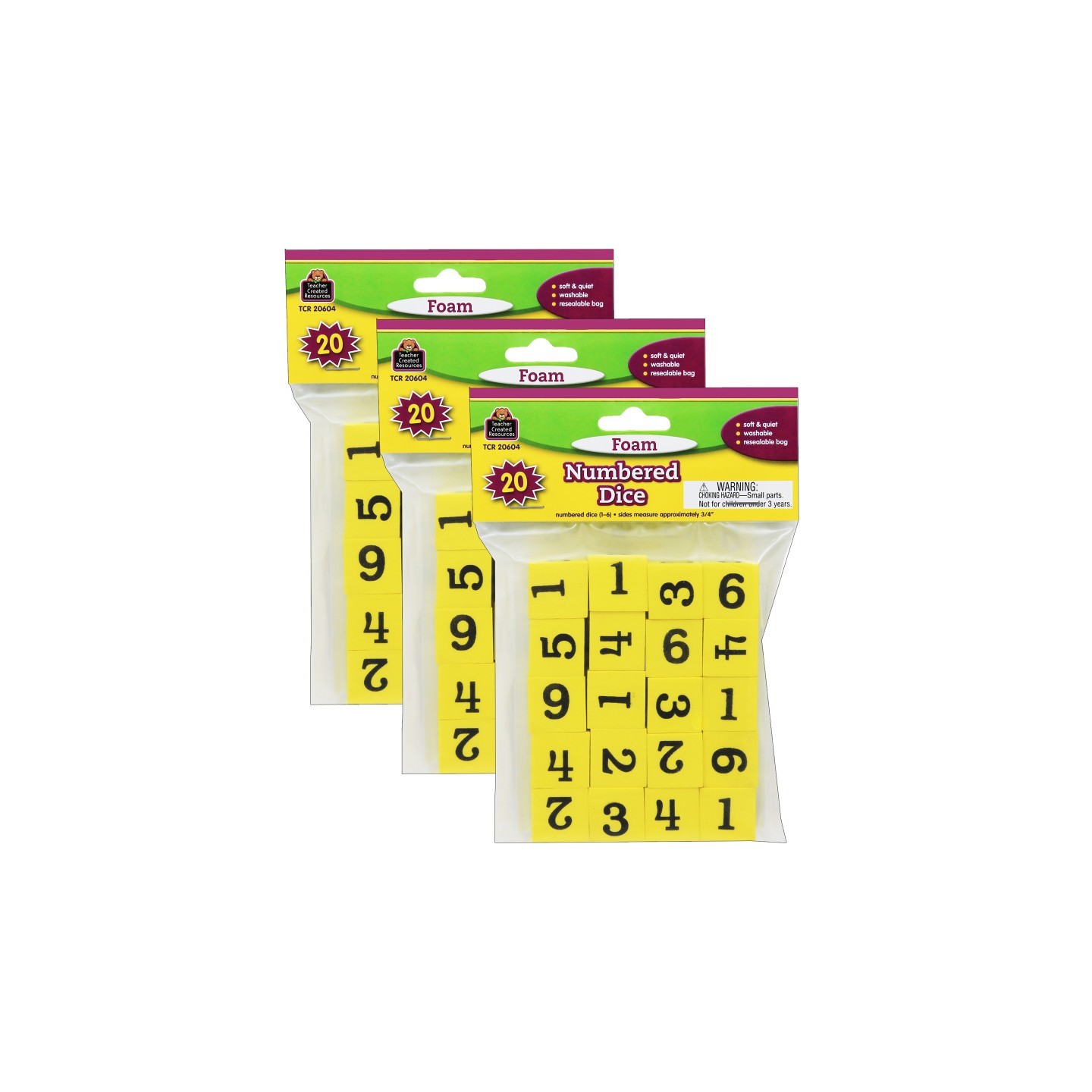 Teacher Created Resources® Foam Numbered Dice (1-6), 20 Per Pack, 3 Packs