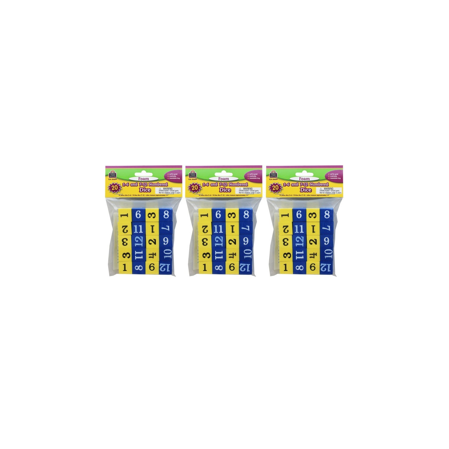 Teacher Created Resources® Foam Numbered Dice (Numerals 1-12), 20 Per Pack, 3 Packs