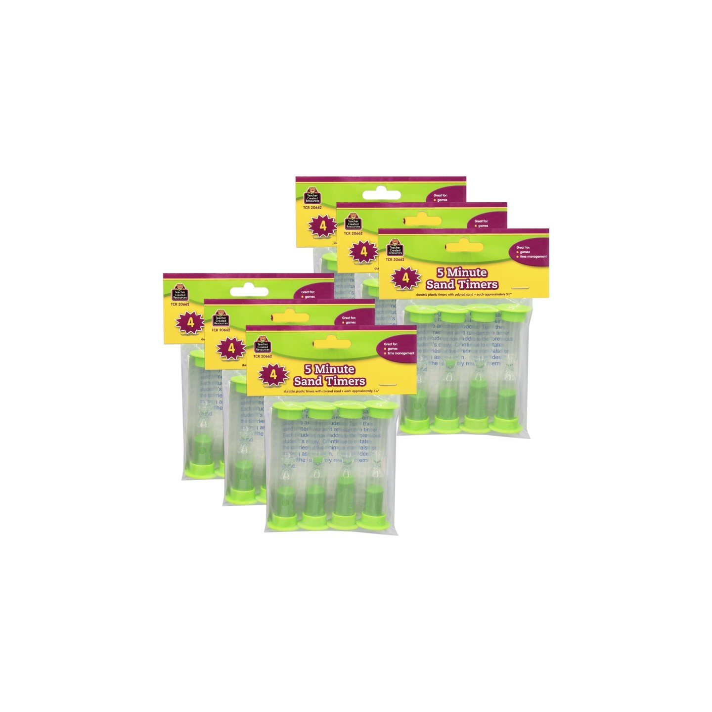 Teacher Created Resources® Sand Timers, Small, 5 Minute, 4 Per Pack, 6 Packs