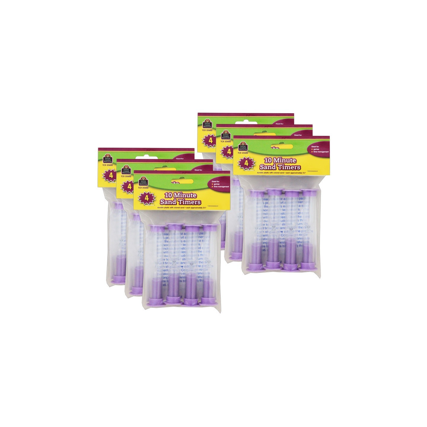 Teacher Created Resources® Small Sand Timer, 10 Minute, Purple, 4 Per Pack, 6 Packs