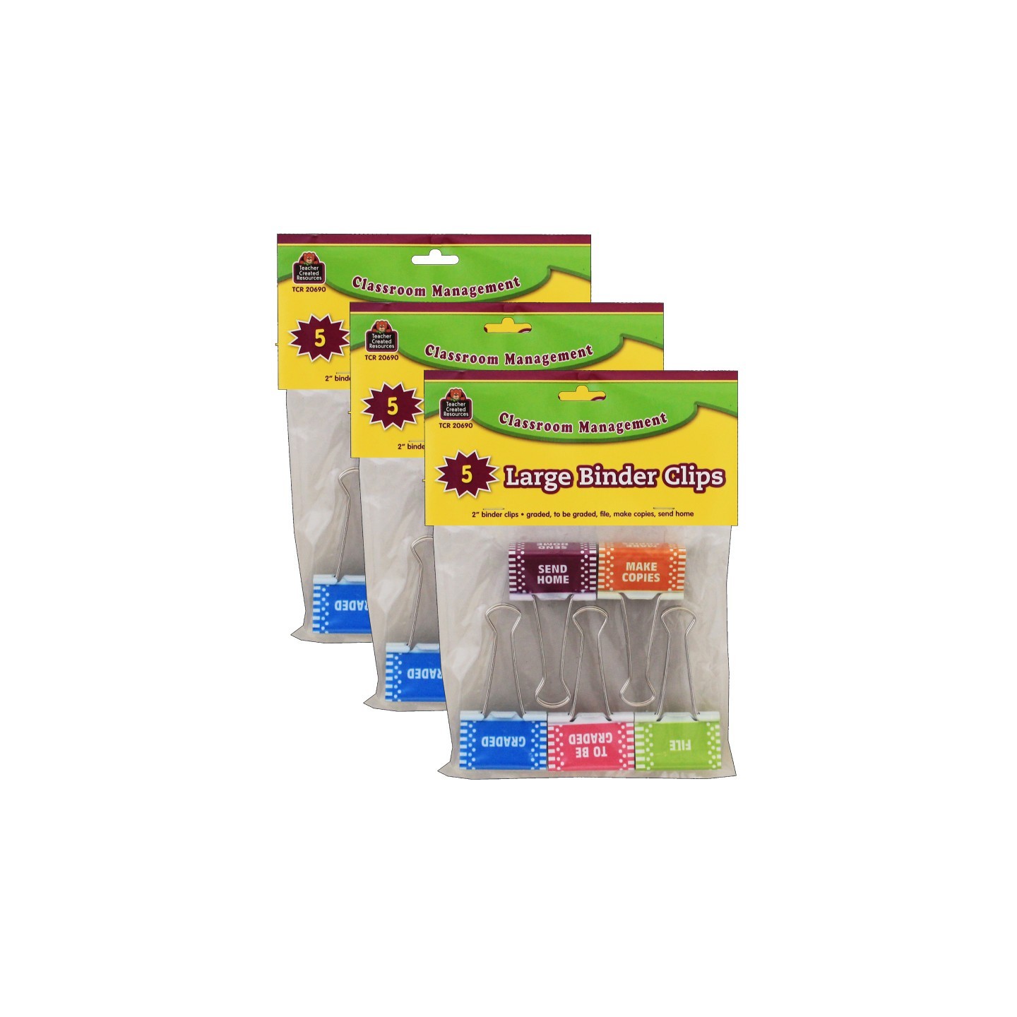 Teacher Created Resources® Classroom Management Large Binder Clips, 5 Per Pack, 3 Packs