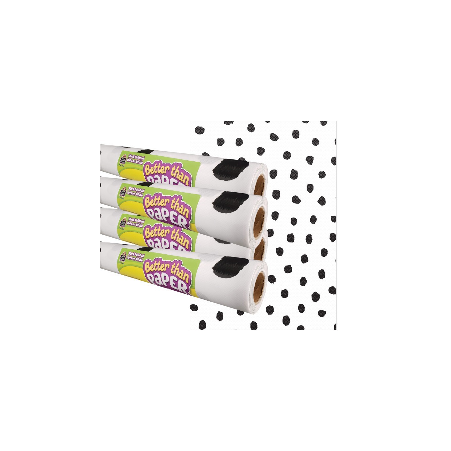 Teacher Created Resources® Black Painted Dots on White Better Than Paper Bulletin Board Roll, 4' x 12', Pack of 4