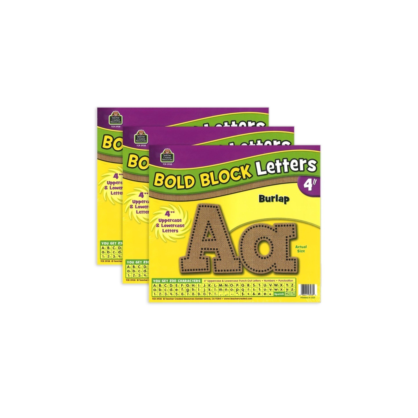 Teacher Created Resources® Burlap Design Bold Block 4" Letters Combo Pack, 230 Characters Per Pack, 3 Packs
