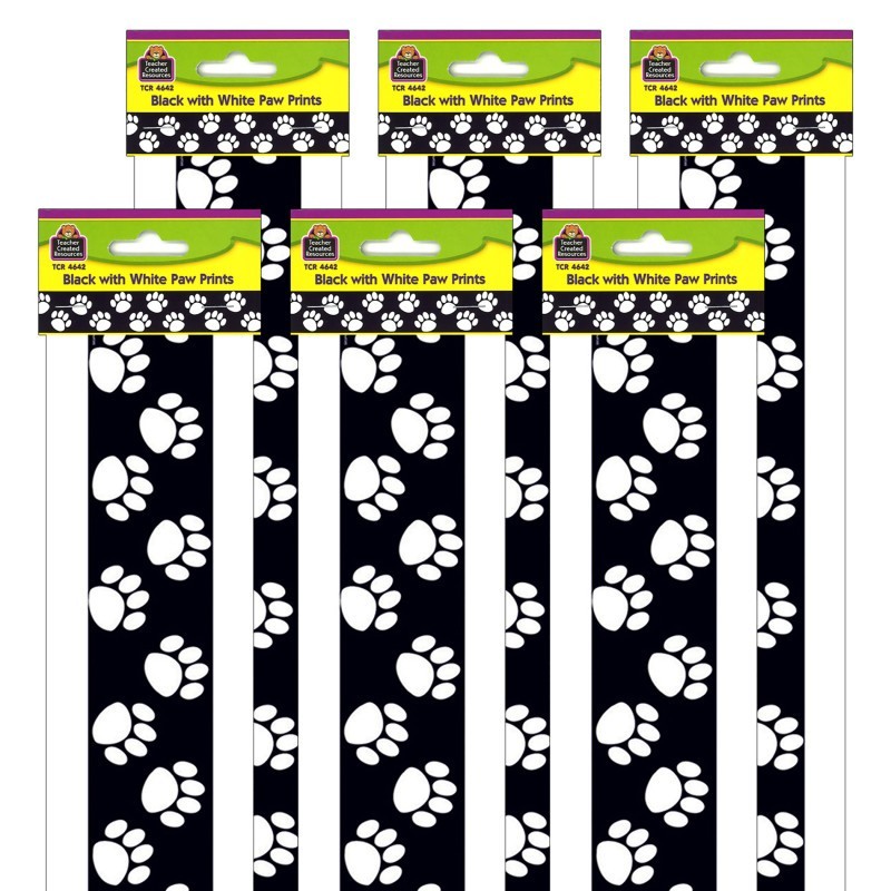 Teacher Created Resources® Black with White Paw Prints Border Trim, 35 Feet Per Pack, 6 Packs