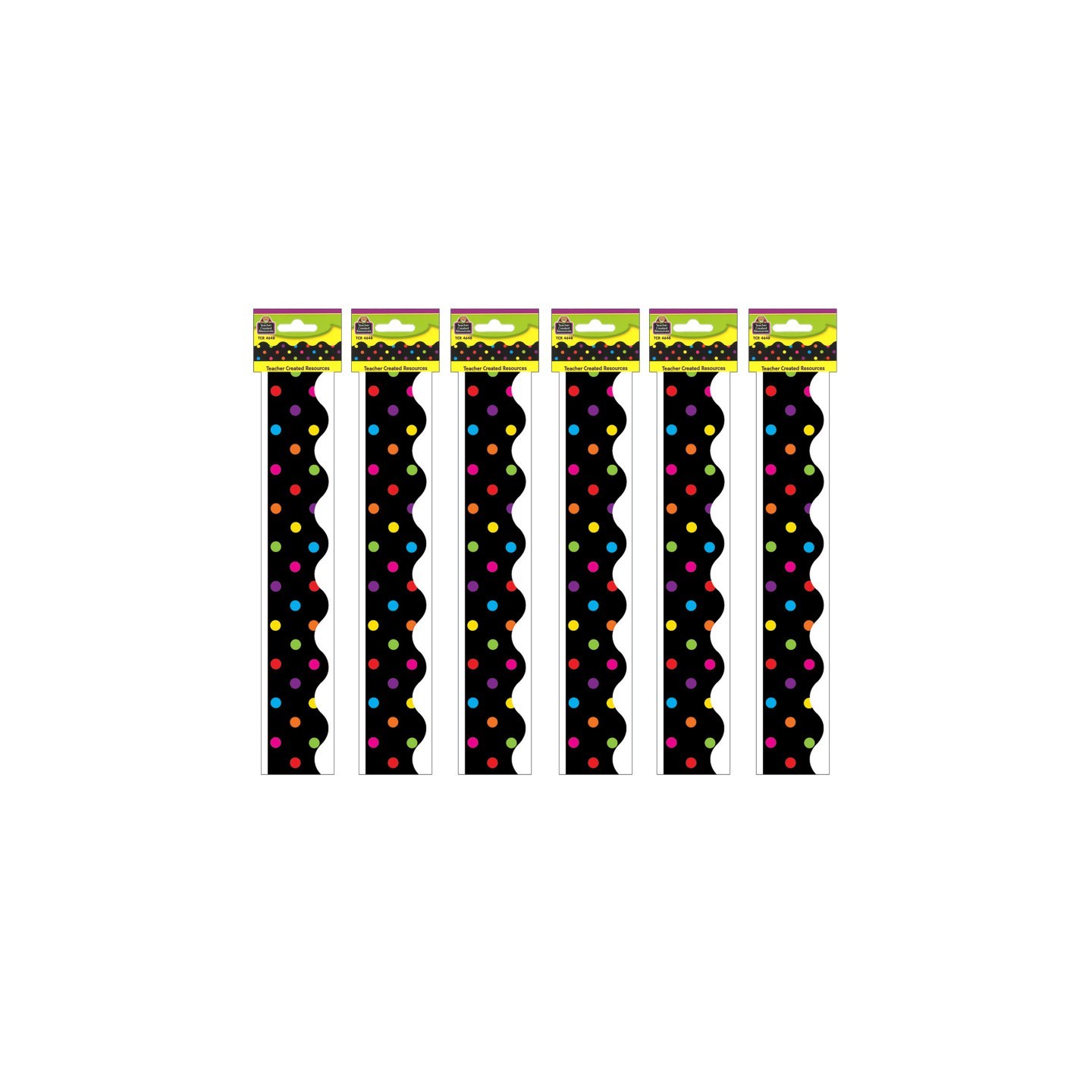 Teacher Created Resources® Multicolor Dots on Black Scalloped Border Trim, 35 Feet Per Pack, 6 Packs