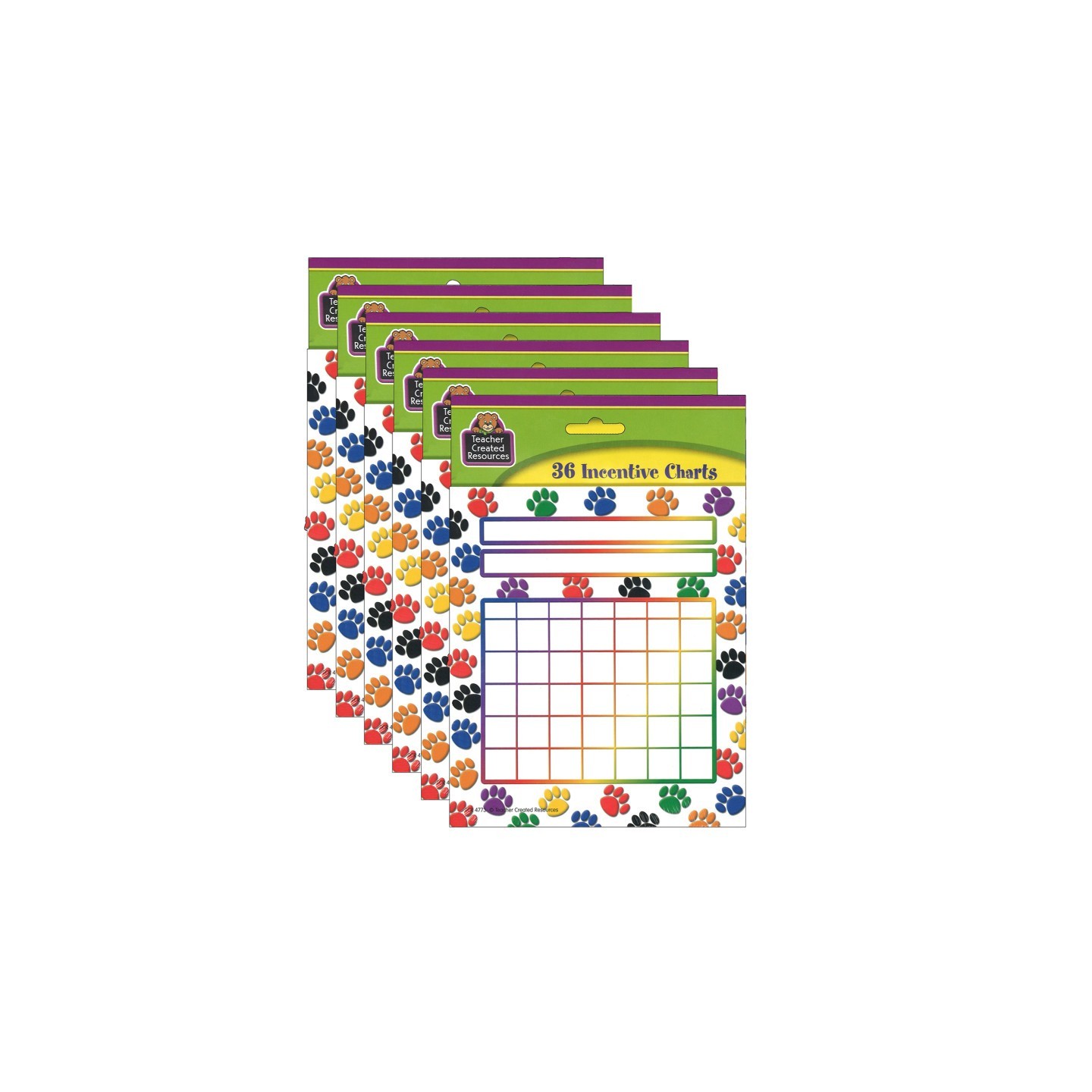 Teacher Created Resources® Colorful Paw Prints Incentive Charts, 5.25" x 6", 36 Sheets Per Pack, 6 Packs
