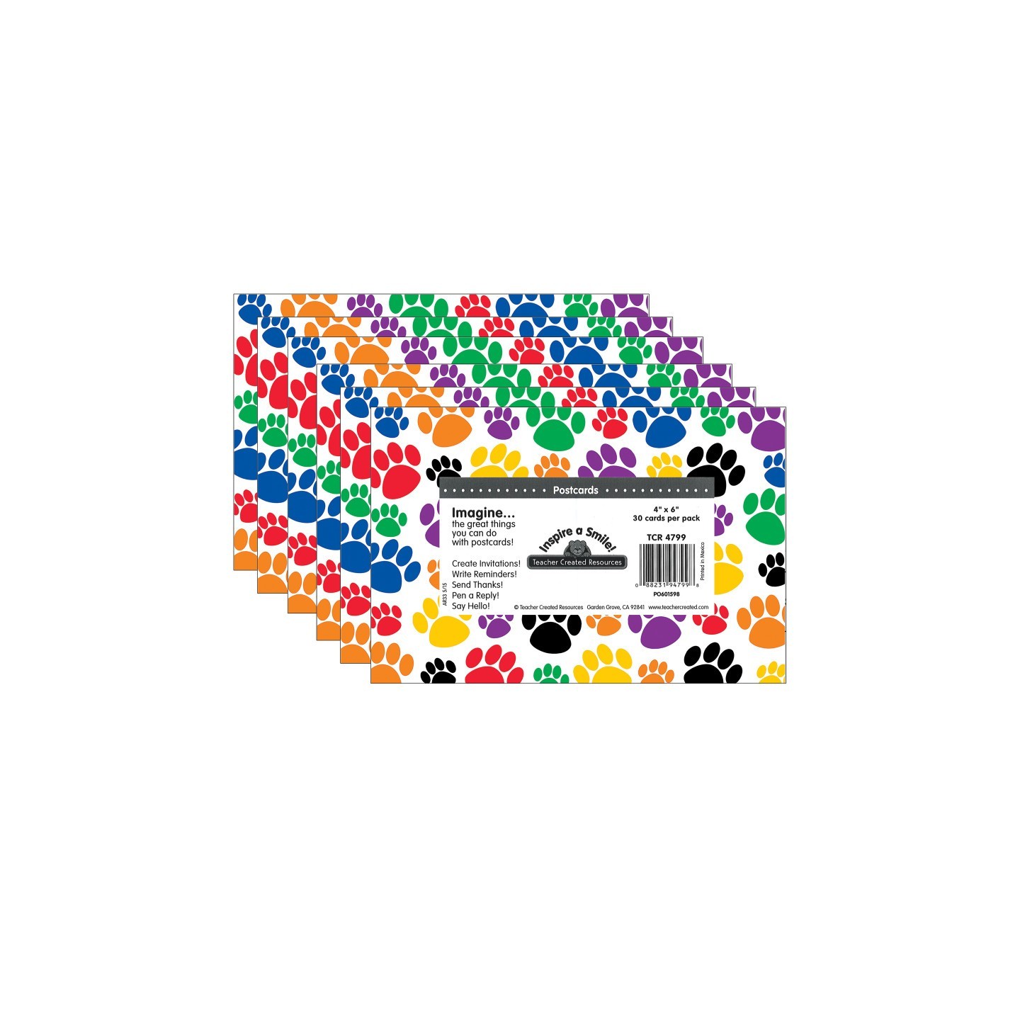 Teacher Created Resources® Colorful Paw Prints Postcards, 30 Per Pack, 6 Packs