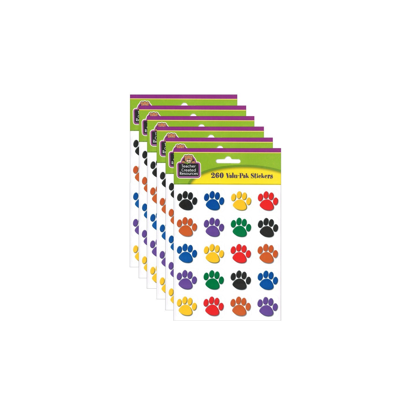 Teacher Created Resources® Colorful Paw Print Stickers Valu-Pak, 260 Pieces Per Pack, 6 Packs
