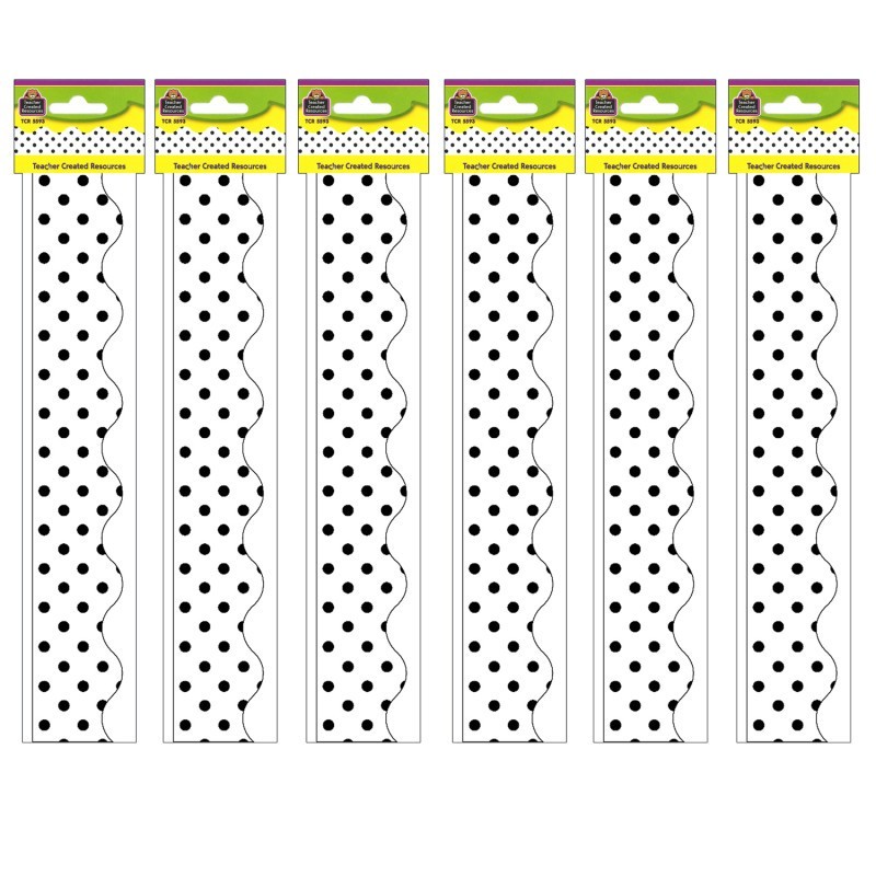 Teacher Created Resources® Black Polka Dots on White Scalloped Border Trim, 35 Feet Per Pack, 6 Packs
