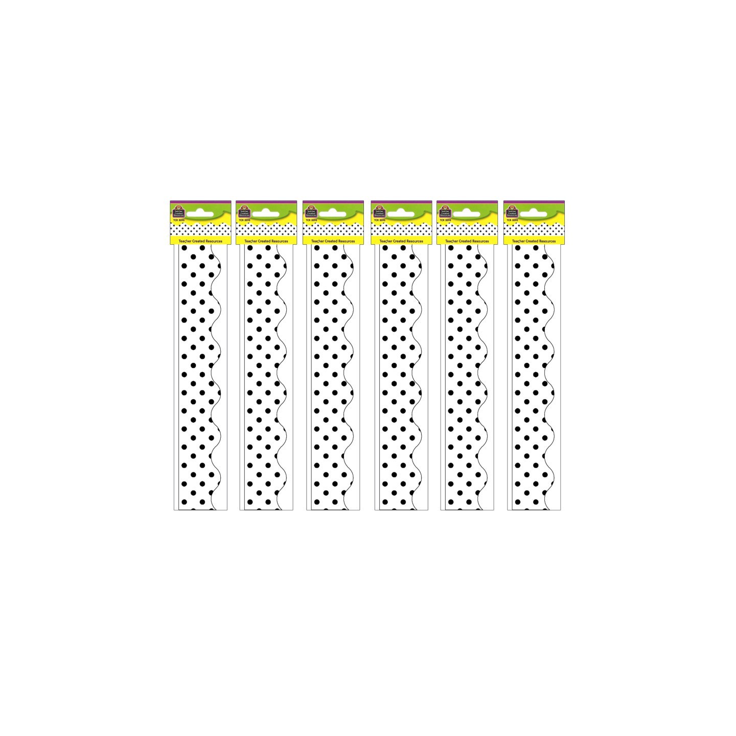 Teacher Created Resources® Black Polka Dots on White Scalloped Border Trim, 35 Feet Per Pack, 6 Packs