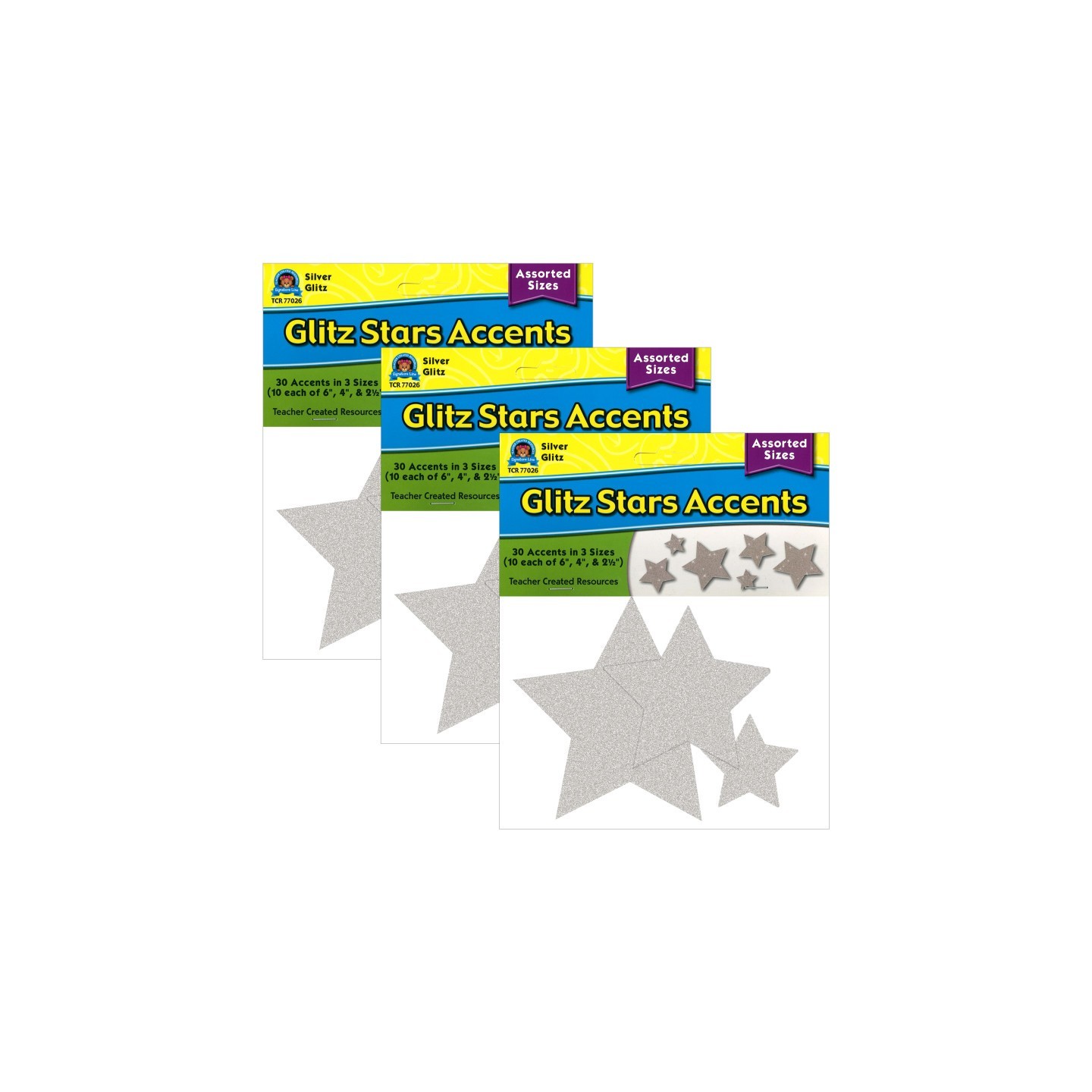 Teacher Created Resources® Silver Glitz Stars Accents, Assorted Sizes, 30 Per Pack, 3 Packs
