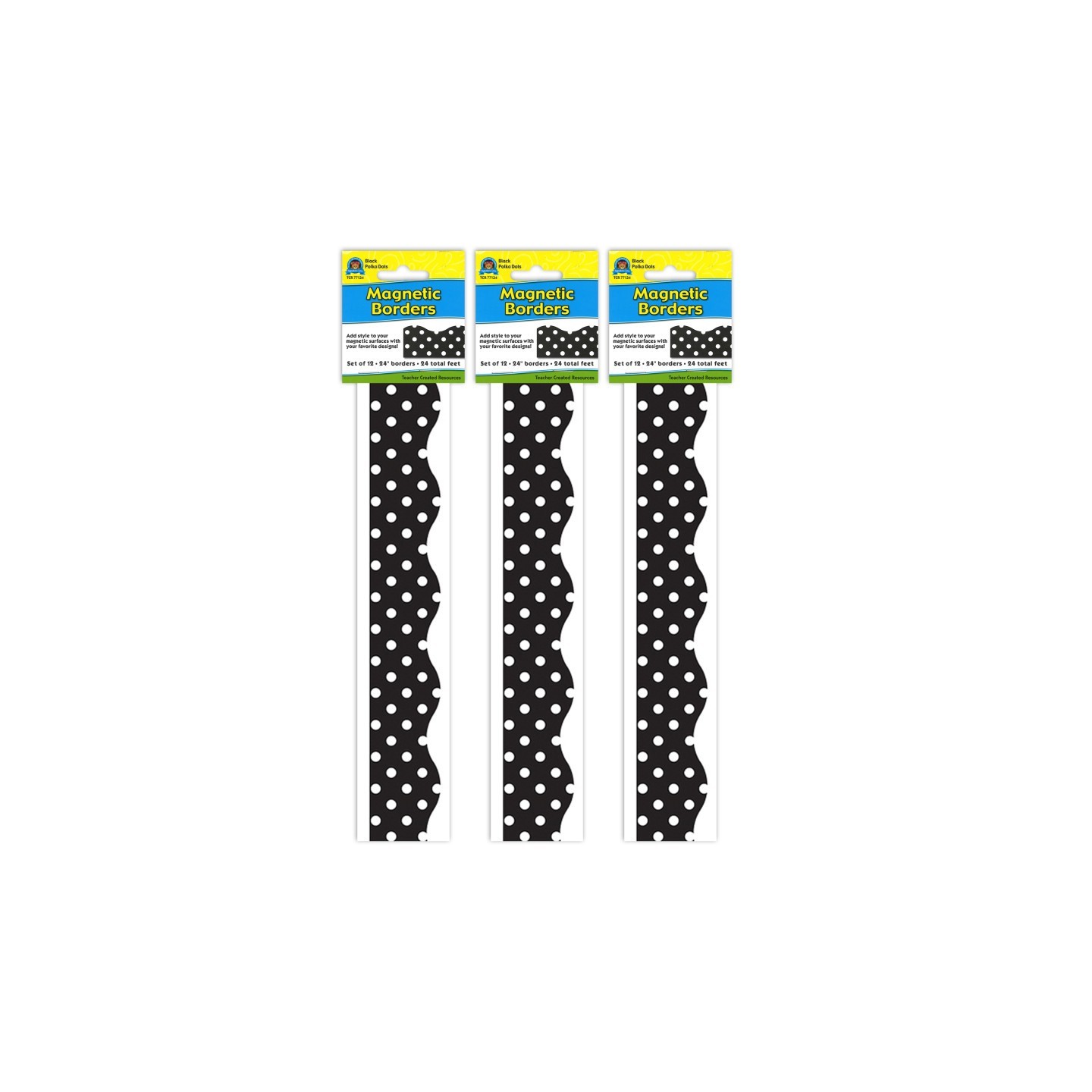 Teacher Created Resources® Magnetic Borders, Black Polka Dots, 24 Feet Per Pack, 3 Packs